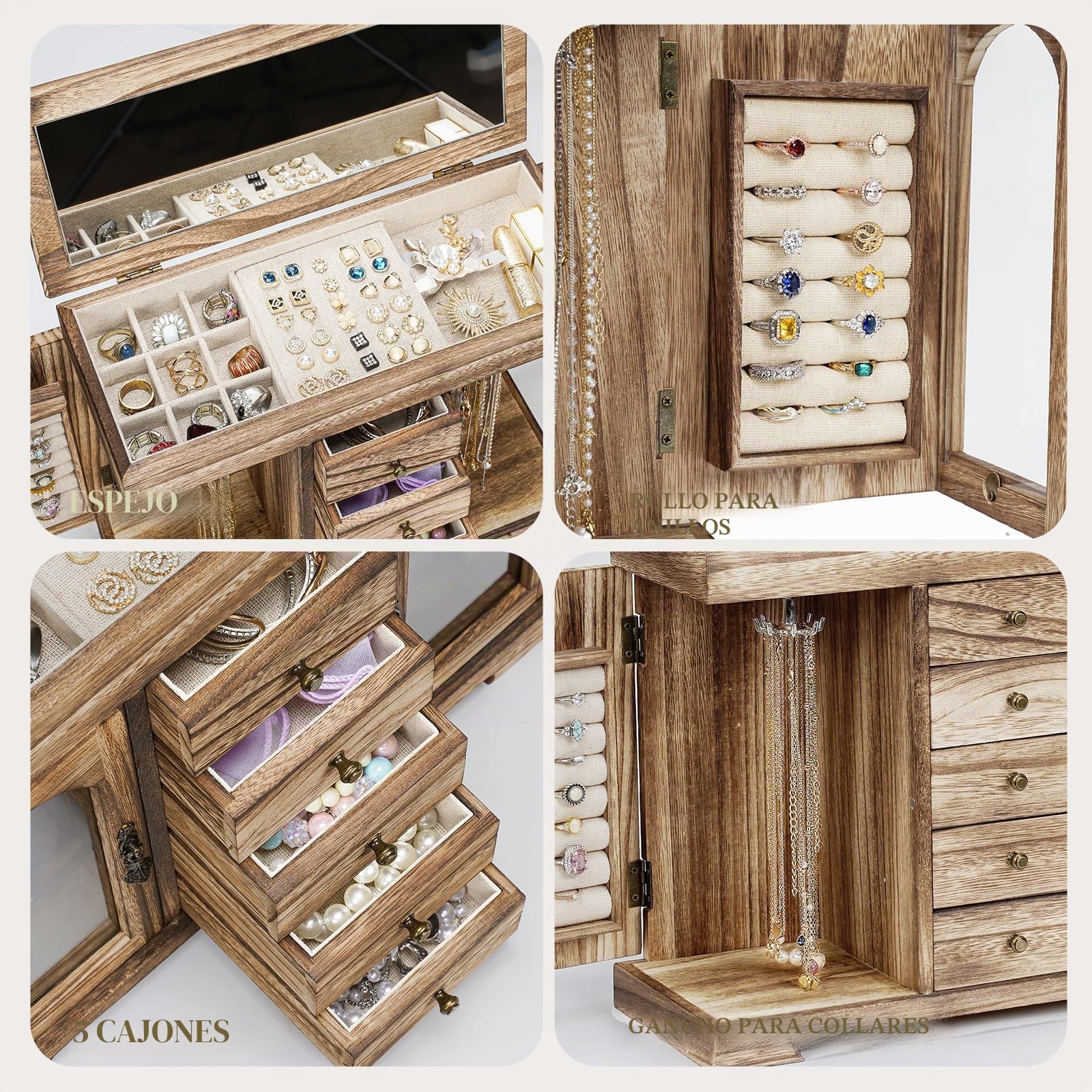 Joyero de mujer, 6 capas, joyero grande de madera rústica con espejo, organizador de joyas de dormitorio para collares, pendientes, anillos, pulseras (marrón rústico)