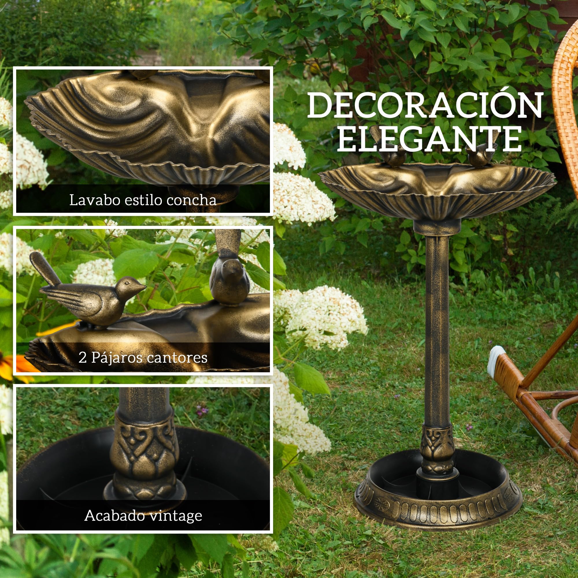 Outsunny Baño para Pájaros de Jardín al Aire Libre, Altura 81 cm, Comedero para Pájaros con Base de Pedestal, Diseño de Concha y Acabado Envejecido, Ligero y Resistente, Bebedero para Aves, Bronce