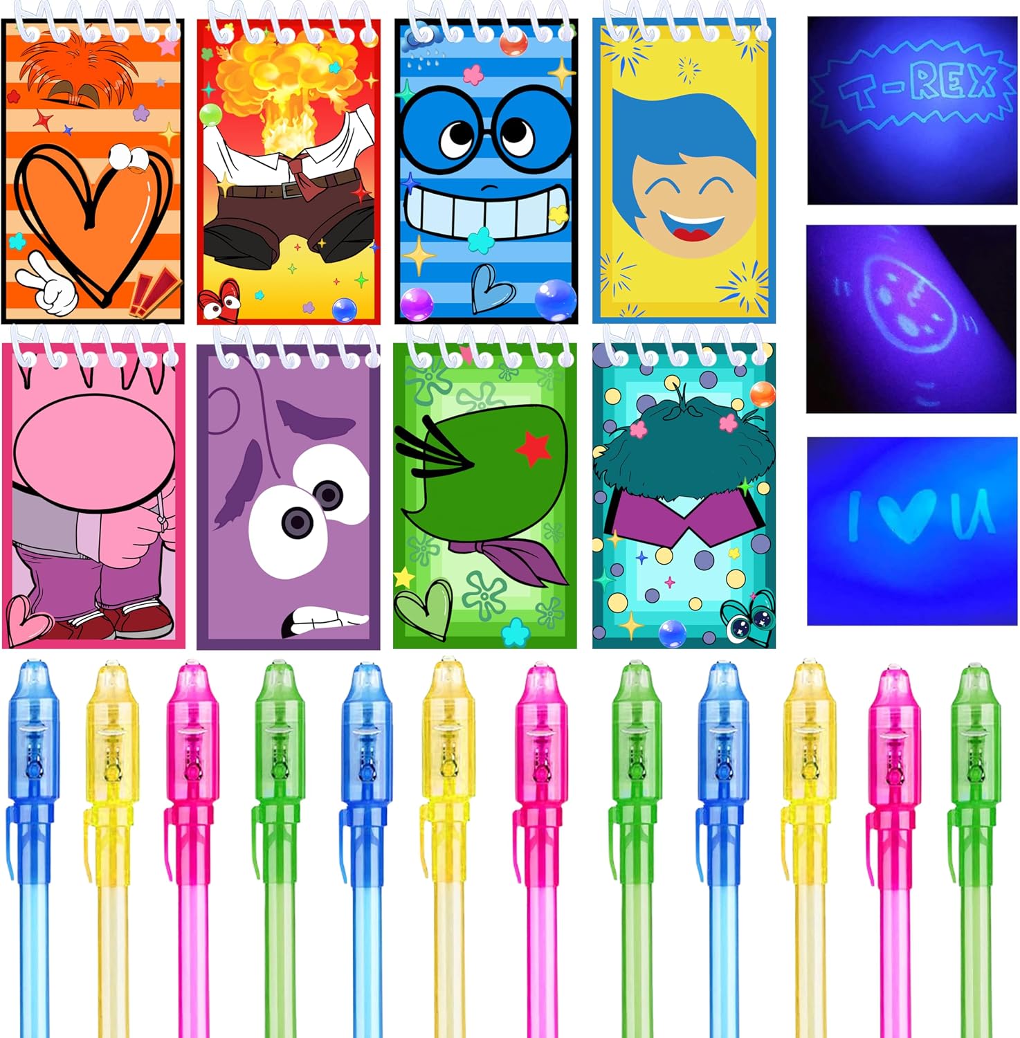 12 UV Pens and 12 Cartoon Notebooks for Children's Birthday Party Favors, Boy & Girl Party Gift Bag Stuffers, Advent Calendar Birthday Decoration