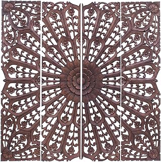 NOVICA Artisan Handcarved Reclaimed Teak Wood Relief Panels Set of 4 Brown Thailand Wall Decor Floral [47in H x 47in W x 0.6in D 47in H x 11.75in W x 0.6in D] ' Modern Lotus' Set of 4