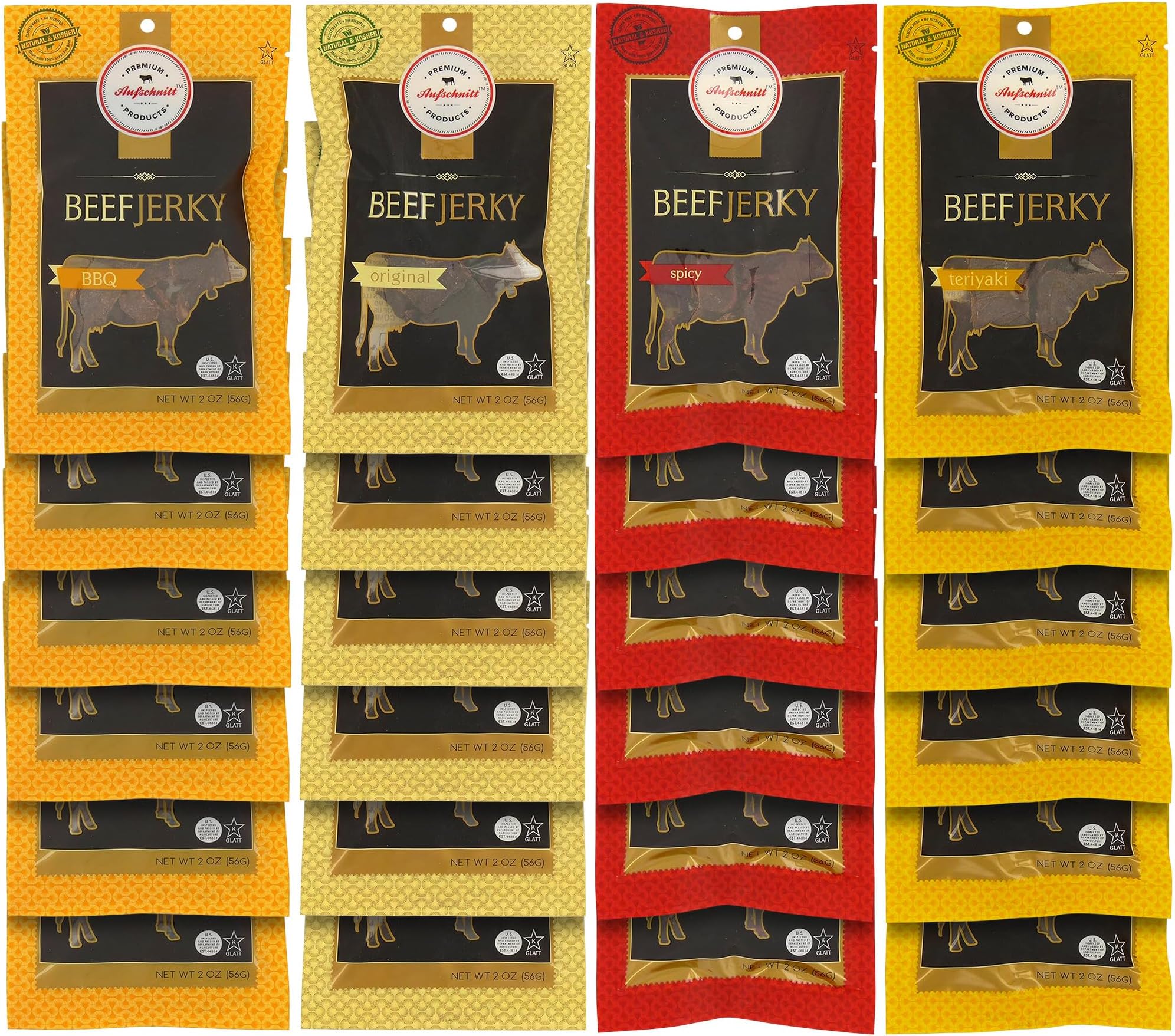 Aufschnitt Grass Fed Beef Jerky - Low Sodium, Certified Kosher - Made in USA - Keto Friendly - 24 Pack, Variety Pack