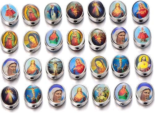 50pcs Luminous Bead Glow in The Dark Resin Jesus Cross Saint Mary with Miraculous Medal Rosary Round Beads DIY Necklace Bracelets Jewelry Making
