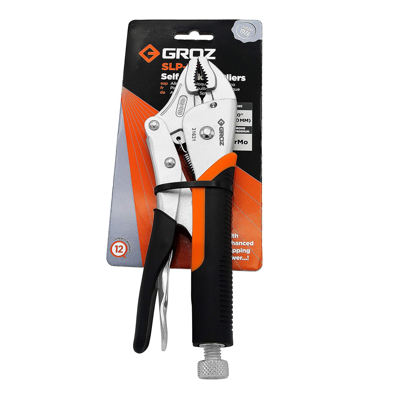 Groz 31631 Self Lock Plier, 10", Curved Jaws, CrMo, Black/Orange Grip