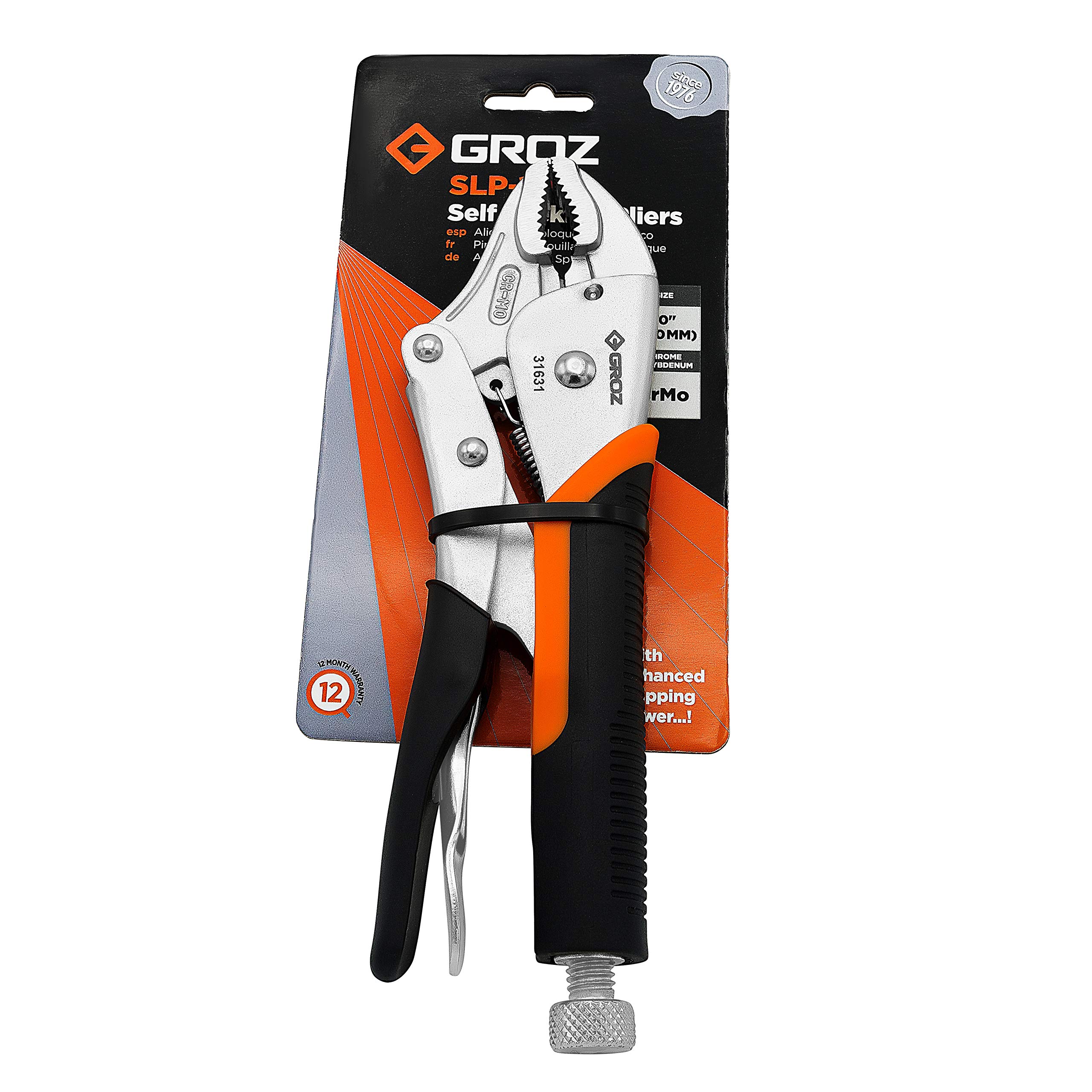 GROZ Self Locking Plier with Curved Jaw Design| Ideal for gripping, twisting & holding small components| Chrome Molybdenum Construction| Smooth Adjustment| Rubberized Grip| Length: 250 mm| SLP/10C 1