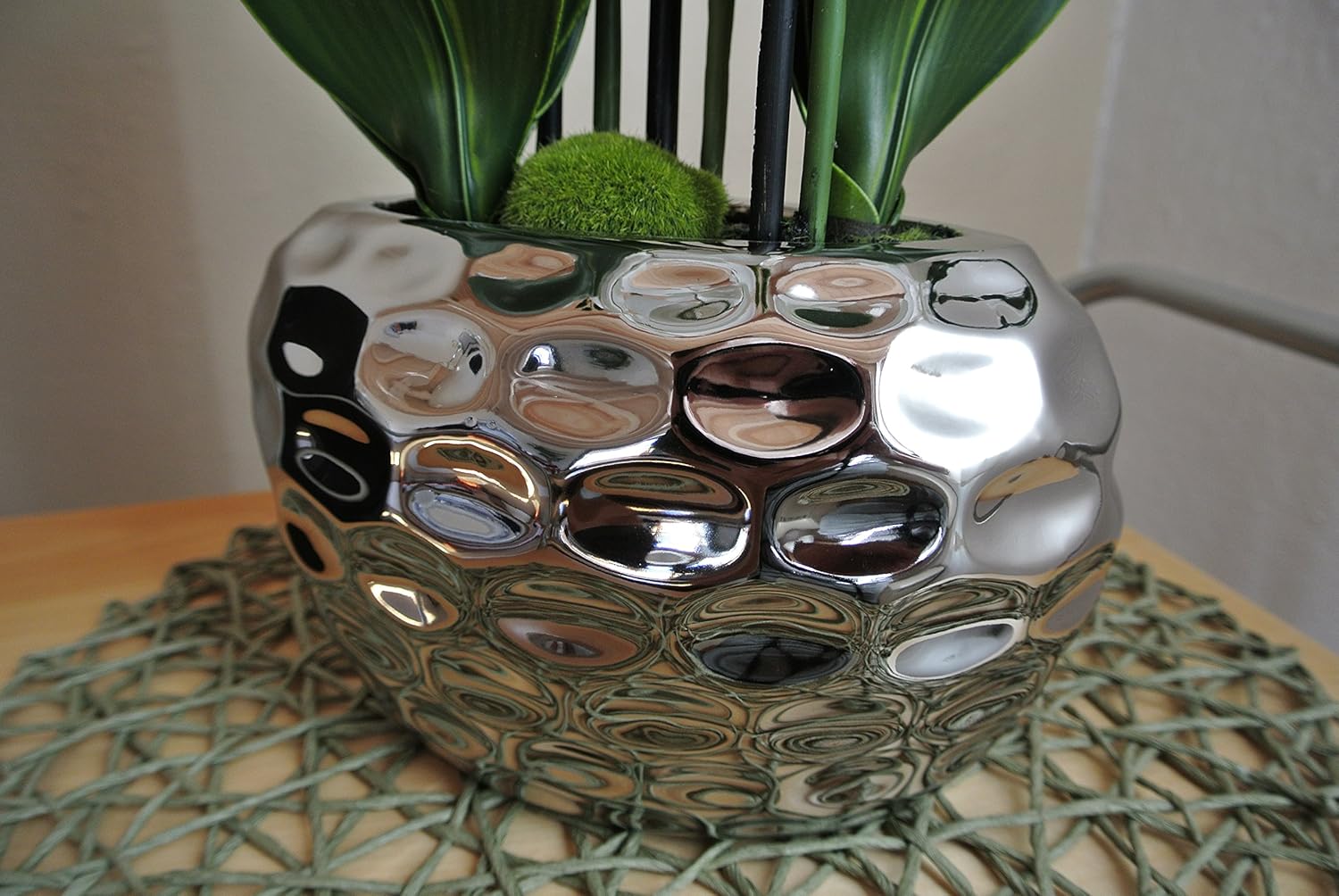 Artificial Flower, Fake Orchid Phalaenopsis Including Textured Metallic-Silver Vase, 24" (White)