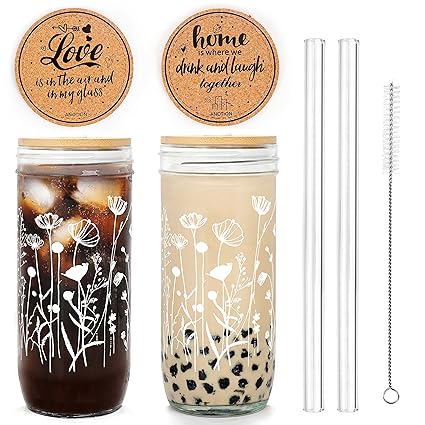 ANOTION Floral Coffee Cups, Mason Jars with Lids and Straws Glass Cups with Wildflower Bamboo Lid Iced Coffee Cups Tumbler Drinking Glasses Travel Coffee Mug Gift for Women Sister Mom