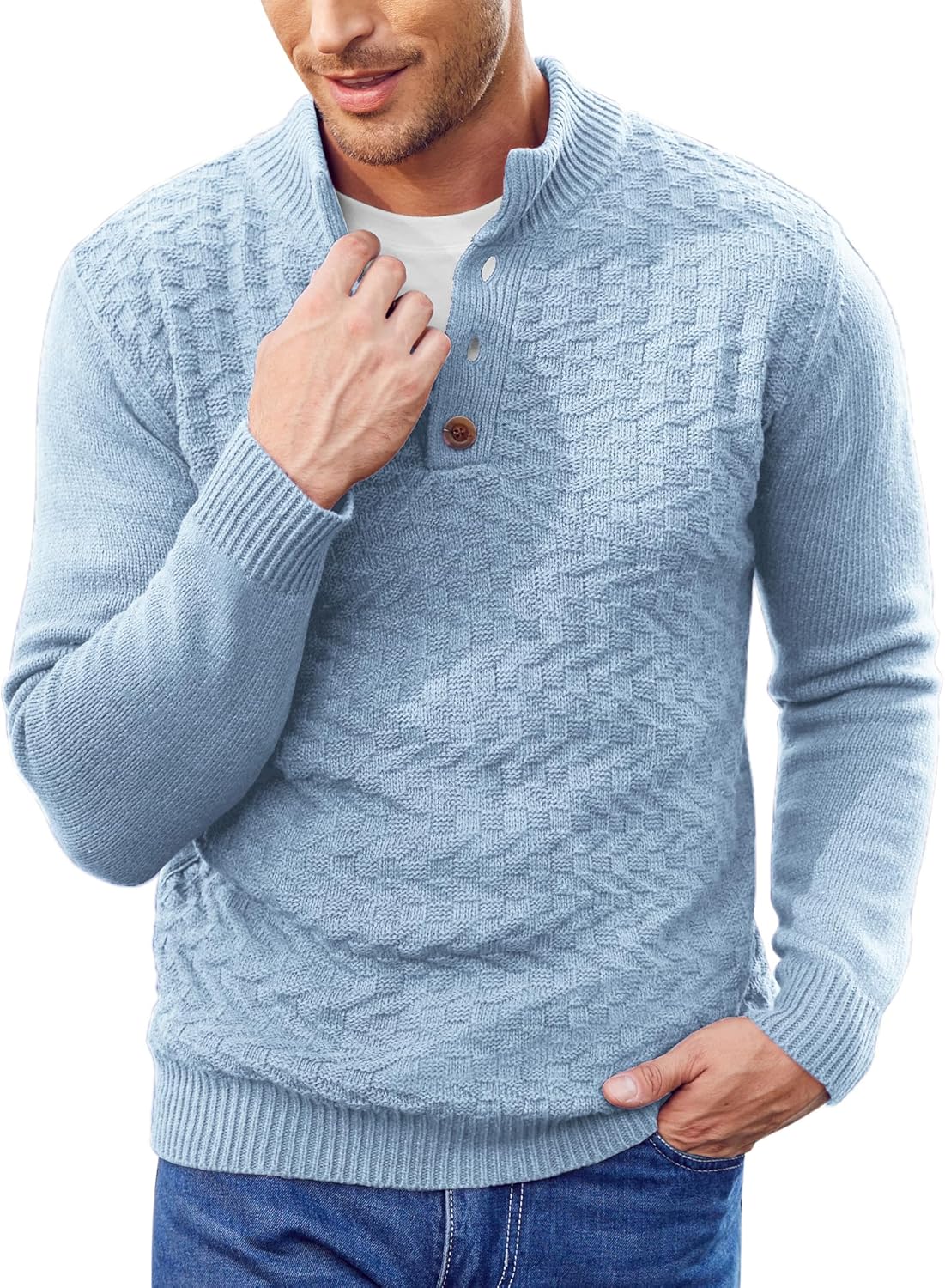 Maglione Uomo COOFANDY Henley - Collo Alto, Bottoni, Tinta Unita, Caldo E Morbido - Foto 13