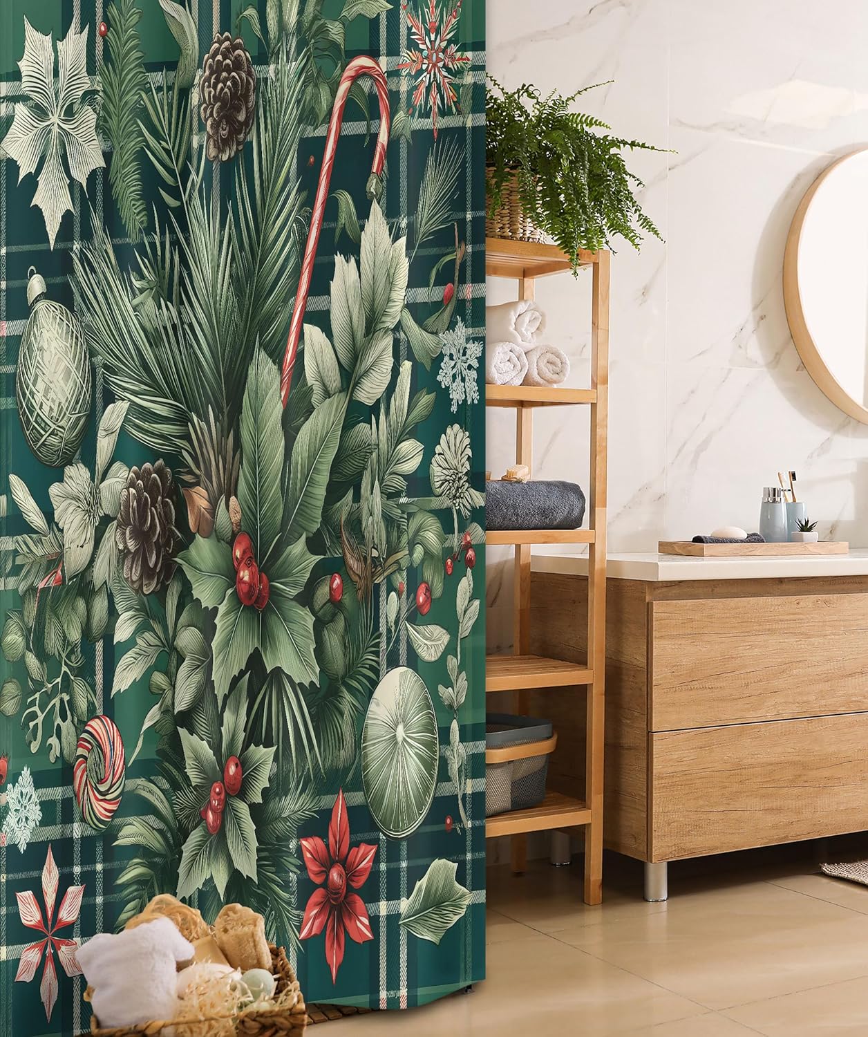 Ambesonne Christmas Stall Shower Curtain, Candies Plaid Backdrop Toyon Xmas Berries Snowflakes Illustration, Fabric Bathroom Decor Set with Hooks, 36" W x 72" L, Jade Green and Vermilion
