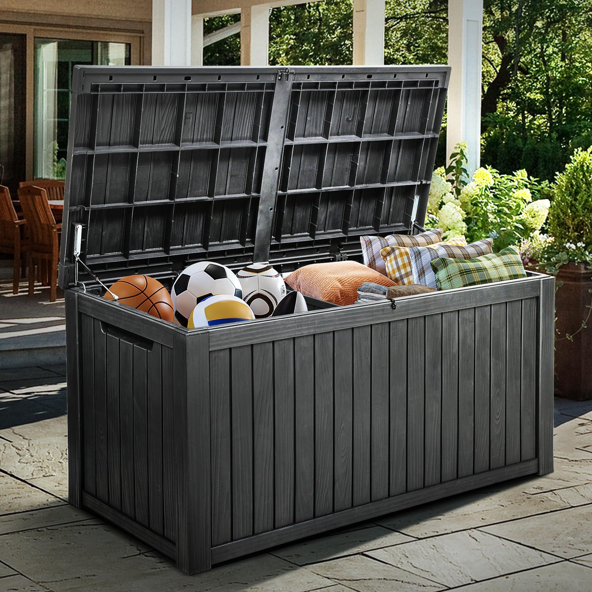 YITAHOME 180 Gallon XL Deck Box Large Outdoor Storage w/Divider for Patio Furniture,Outdoor Cushions, Garden Tools, Sports Equipment and Pool Supplies, Waterproof, Resin, Lockable, Black