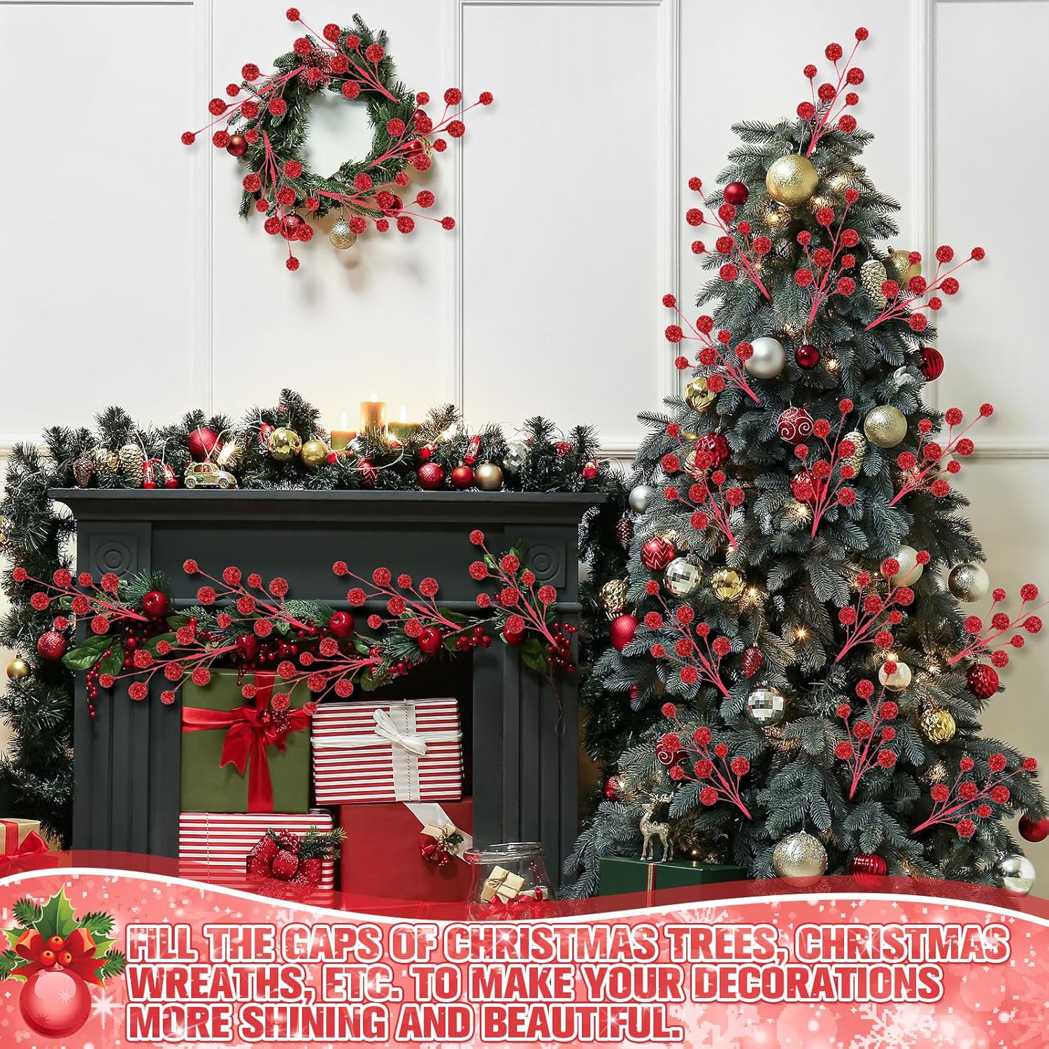 10pcs Christmas Glitter Berry Stems 19.7 Inches Christmas Tree Picks and Spray Large Artificial Glitter Berries Branches for Xmas Ornament, DIY Wreath, Craft, Holiday Decor(Red)