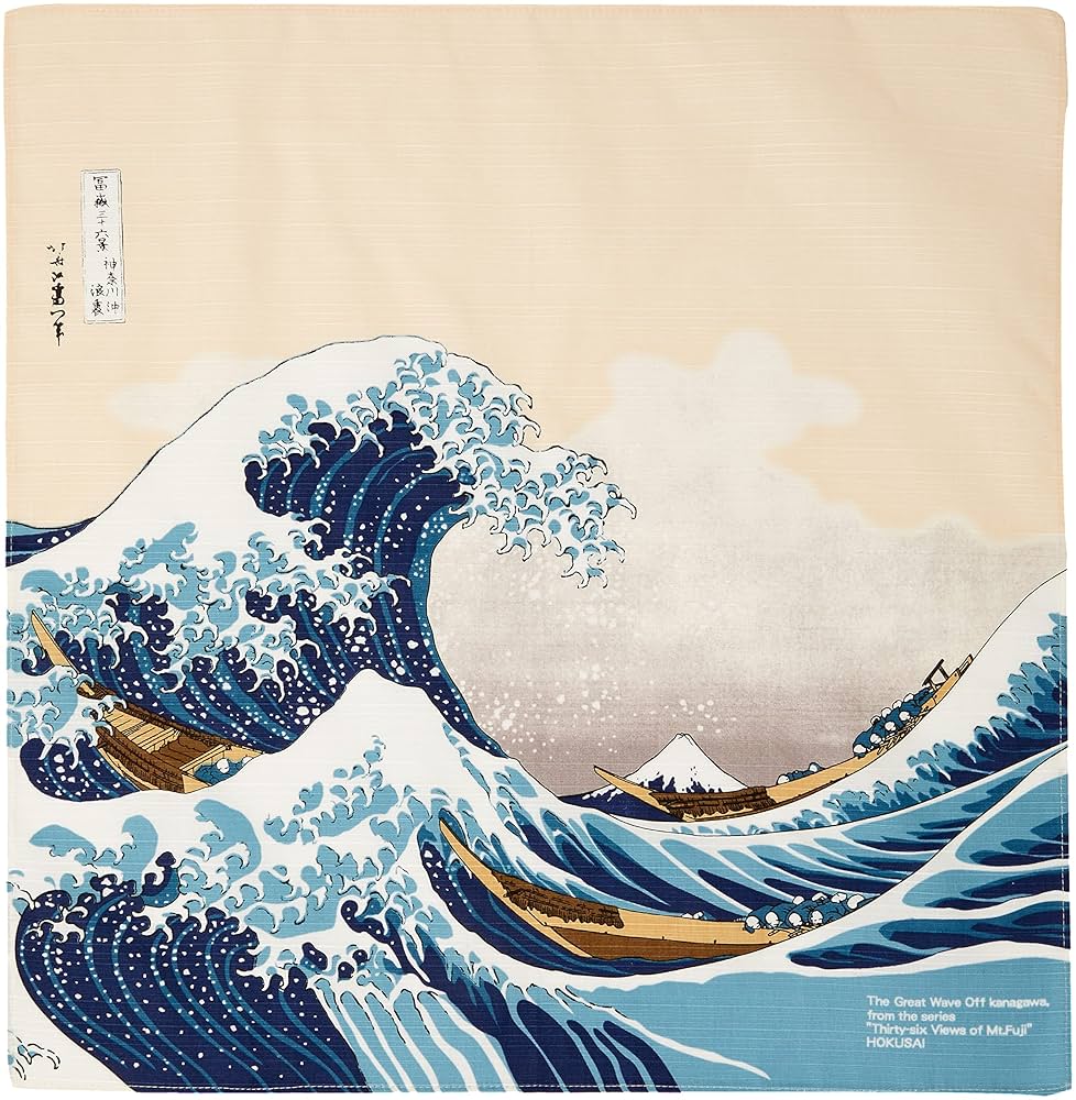 【新品】風鈴丸 「凪」版画 （布袋　箱有　額に傷あり） Amazon｜丸全(Maruzen) 和雑貨 綿風呂敷 北斎浪裏 50×50cm No102