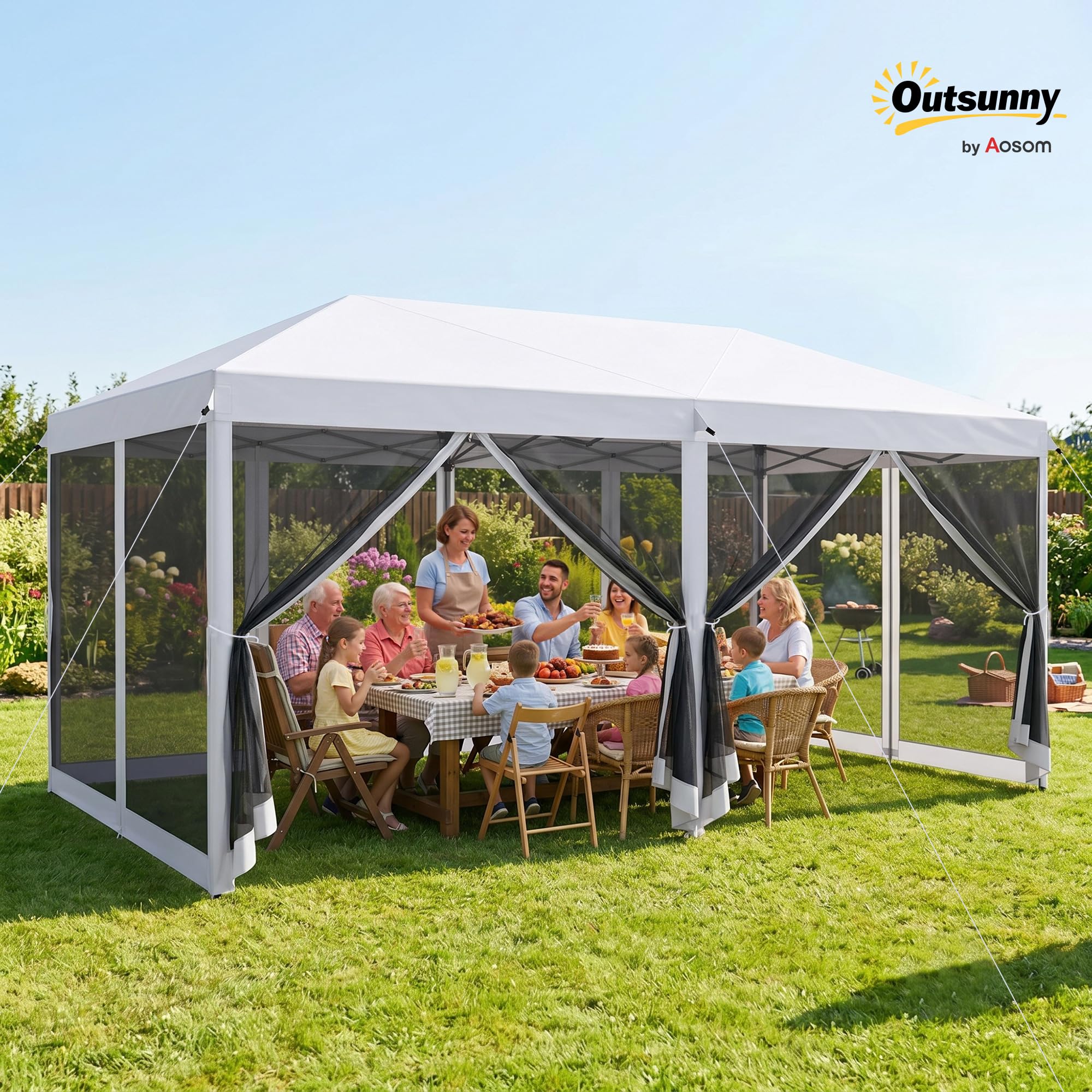 Outsunny Gazebo Pieghevole 6x3 m Pop Up con Zanzariera Anti UV Crema | Borsa da Trasporto, Gazebo da Esterno Resistente, Acciaio, Tessuto Oxford, Giardino, Feste, Campeggio