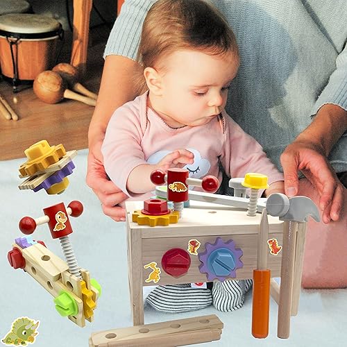 Miniatura 2 de Juego de herramientas de madera para niños, caja de herramientas de construcción con calcomanías de dinosaurio, juguetes educativos STEM Montessori,