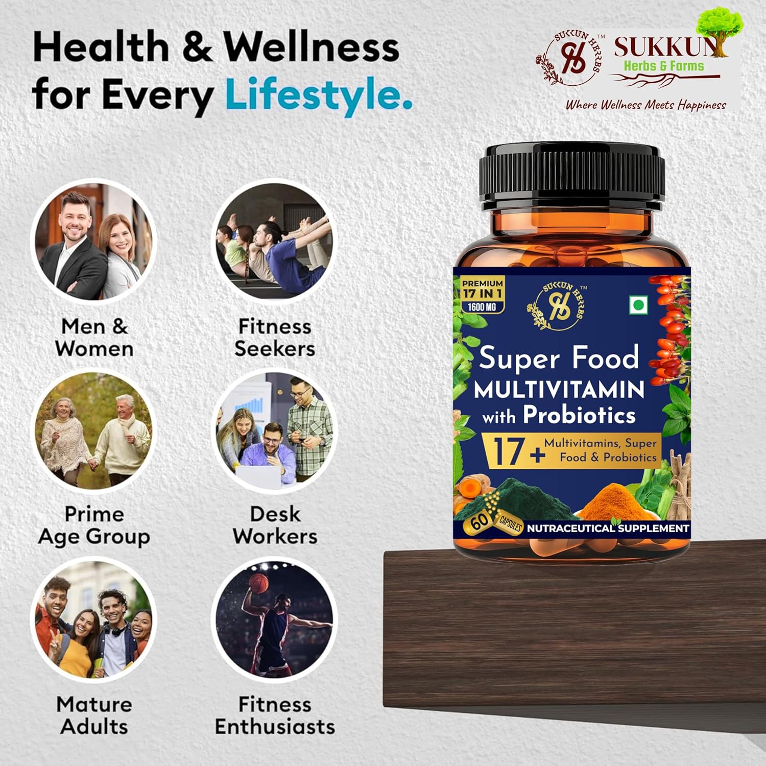 Sukkun Herbs 17-in-in superfood multivitamin + probiotics-1600 mg Ultra Daily Strength | With Spirulina, Moringa, Clourella, Ashwagandha, Turmeric, Goji Berry, Ginger, Pipperin + Essential Vitamins and Probiotics | Increases immunity, intestine health, energy, metabolism, vitality and total welfare - 60 Vegetarian Capsules Sukkun Herbs 17-in-in superfood multivitamin + probiotics-1600 mg Ultra Daily Strength | With Spirulina, Moringa, Clourella, Ashwagandha, Turmeric, Goji Berry, Ginger, Pipperin + Essential Vitamins and Probiotics | Increases immunity, intestine health, energy, metabolism, vitality and total welfare - 60 Vegetarian Capsules