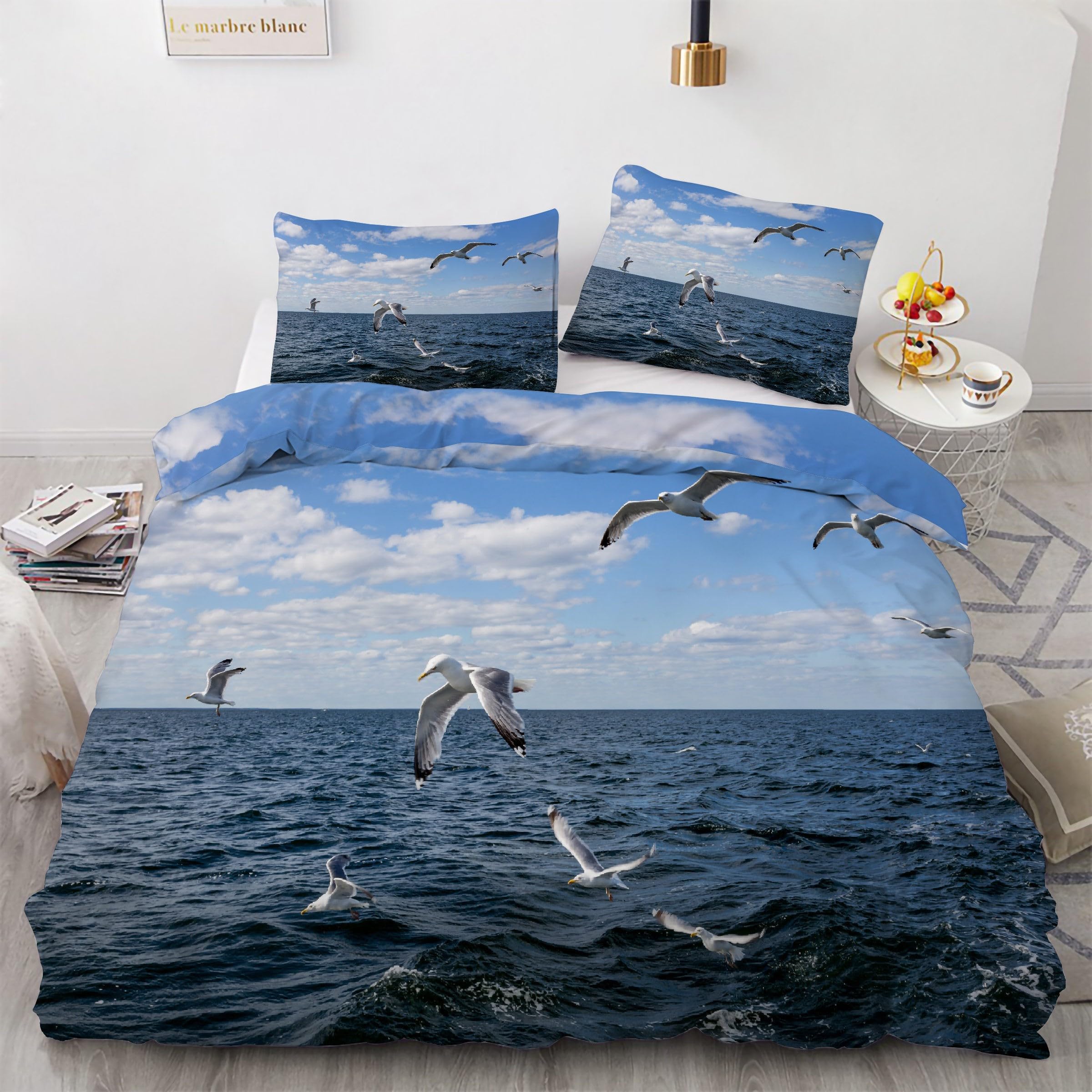Housse de couette 220x240 respirante anti-plis en microfibre douce imprimé mer