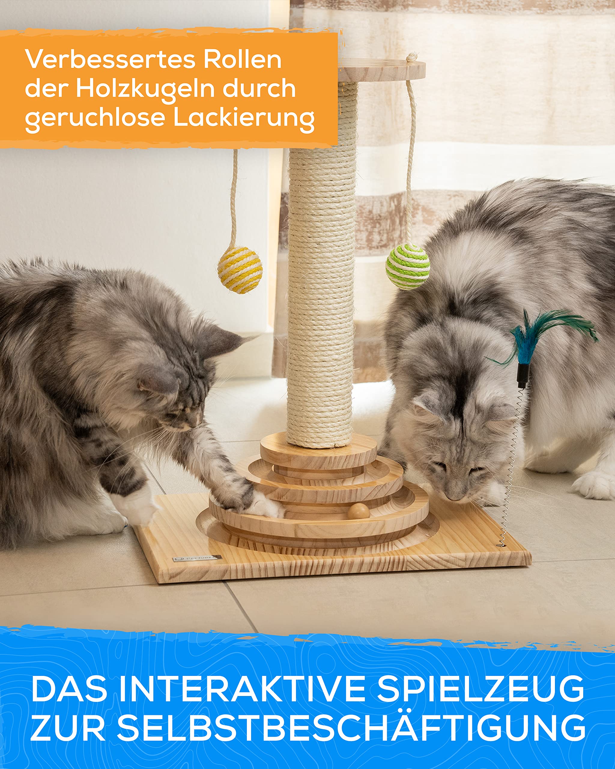 Kratzstamm für Katzen - Interaktives Katzenspielzeug mit 40cm-hoher Kratzsäule, Feder & Rasselbällen - Kratzbaum klein - Katzen Kratzmöbel