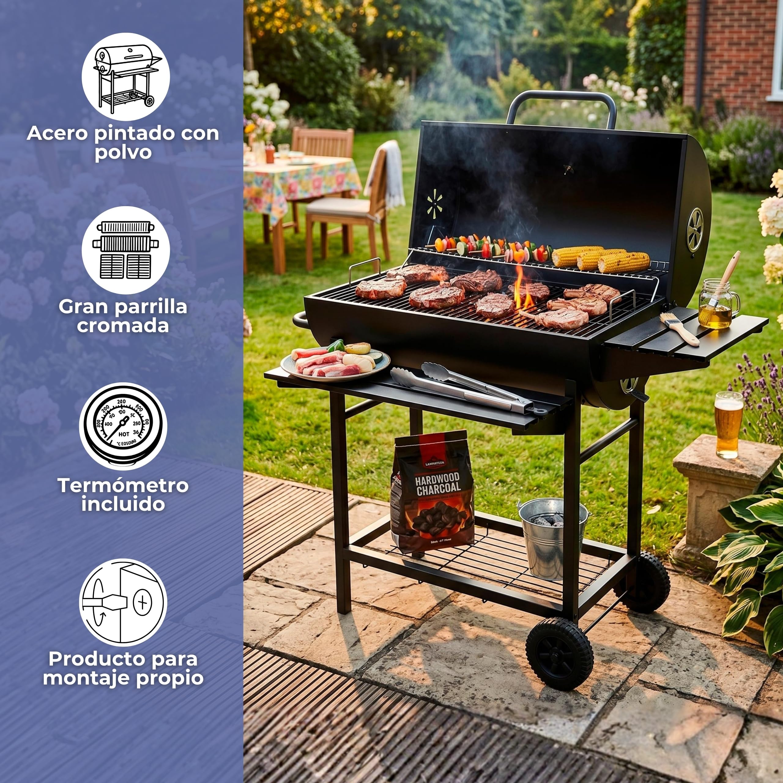 Springos Barbacoa de carbón vegetal con ruedas, bandeja de carbón ajustable en altura, termómetro, rejilla para calentar el calor, estantes laterales, barbacoa, ahumador, barbacoa de jardín para