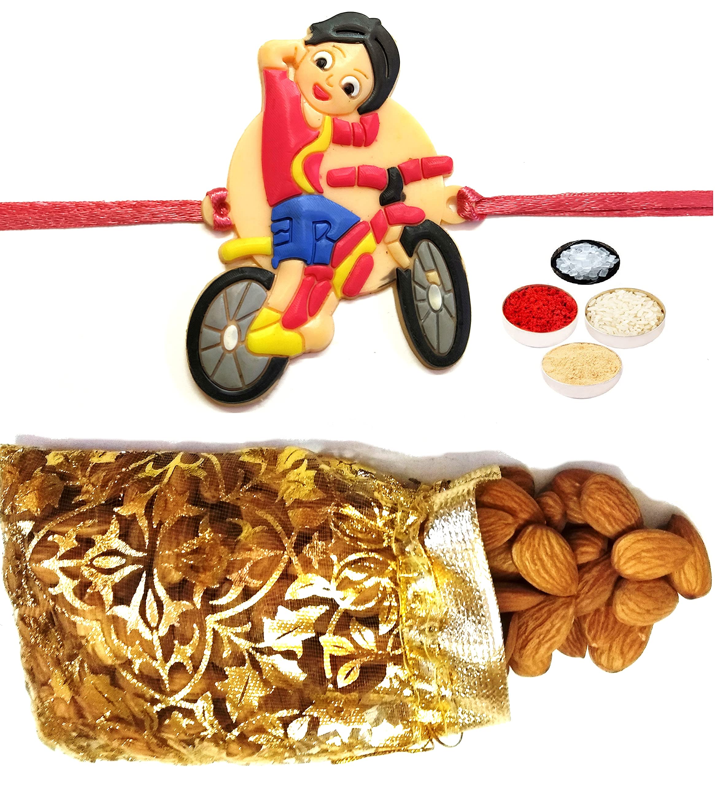 Shiva Rakhi for Kids with Gift Designer Badam Potli 150gms, Tikka, Personal Message & Roli Chandan Chawal Mishri Pack for Little Small Bhai Bhaiya-image-16