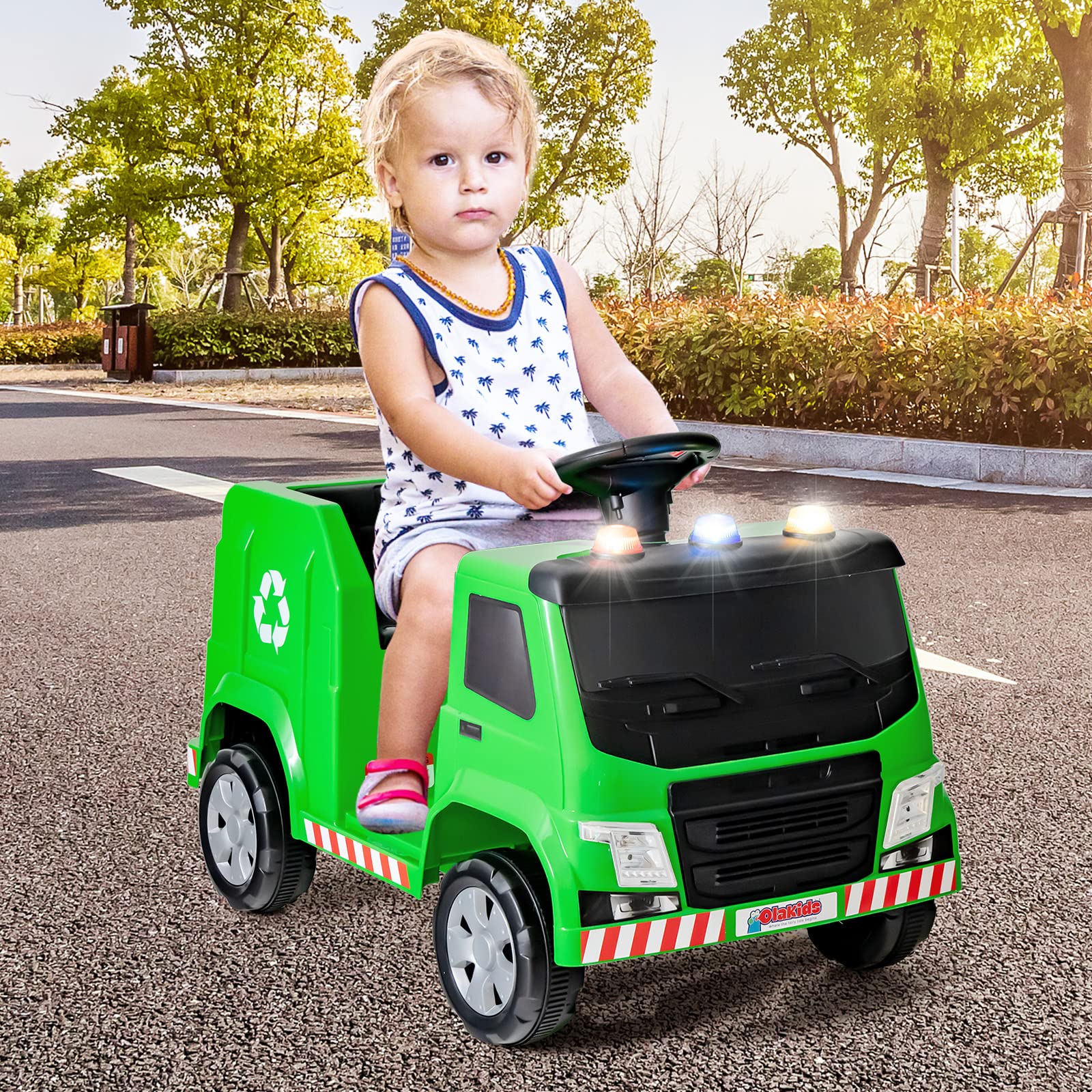 OLAKIDS Ride on Car, Recycling Garbage Truck Electric Vehicle with Music, Horn, Warning Lights, Recycling Accessories Included, Toddlers Battery Powered Trash Toy for Boys Girls (Green)