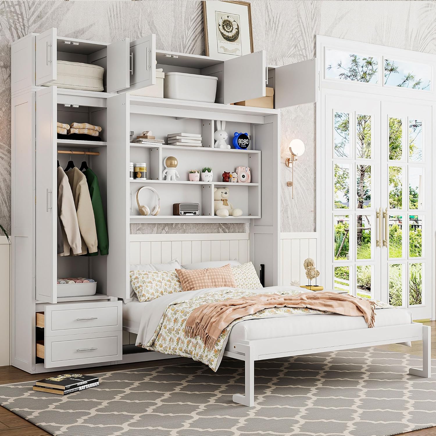 LZ LEISURE ZONE Queen Size Murphy Bed, Wood Wall Bed with Top Cabinet, Shelves and Wardrobe, Space Saving Foldable Bed, White