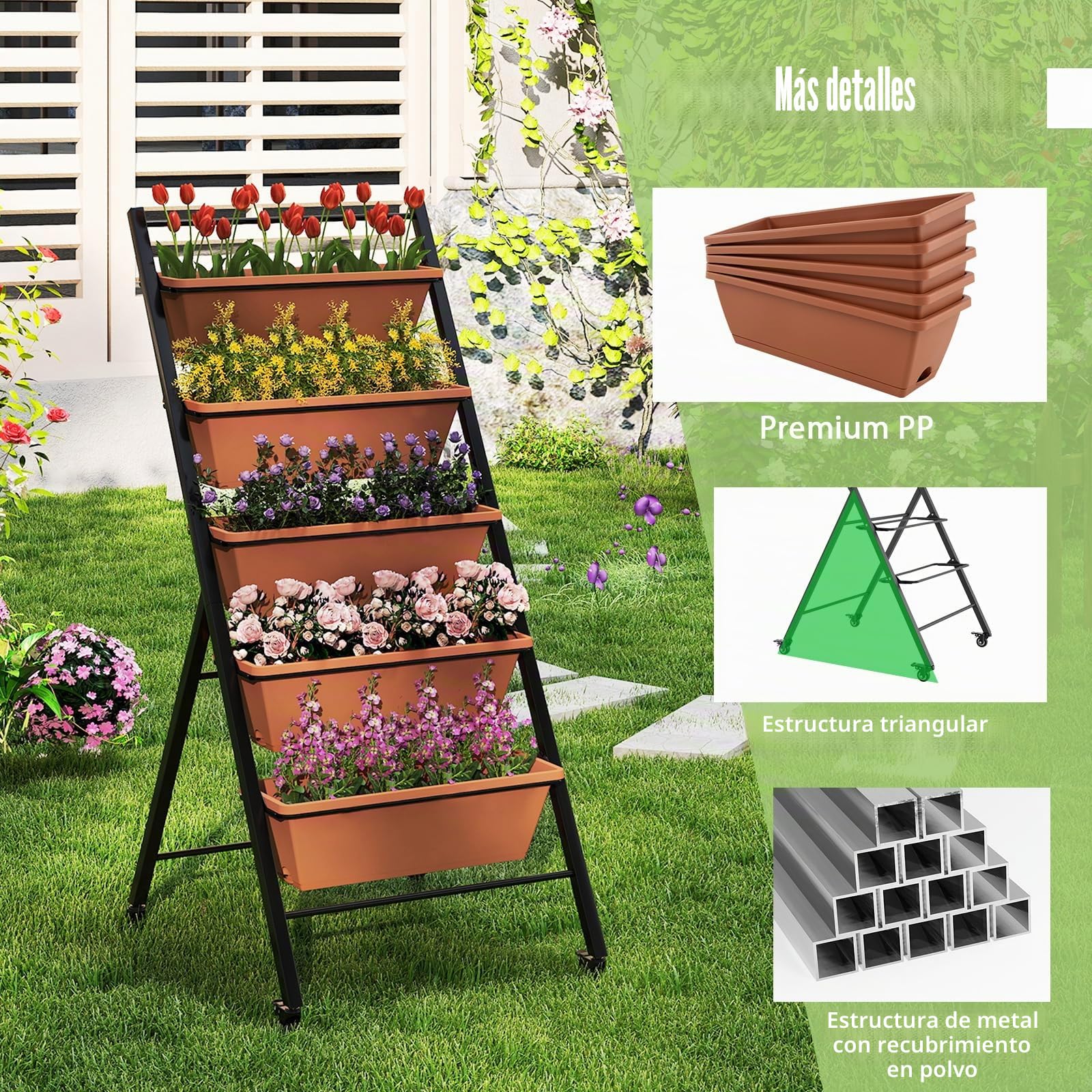 HOMASIS Jardinera de Balcón de 5 Estantes con 4 Ruedas, Estante para Plantas con 2 Ruedas con Freno, Carro para Plantas, Flores, Verde, Jardín, Balcón, Jardinera de Patio (Marrón, 57 x 74 x 132 cm)