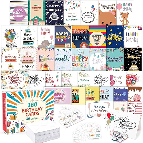 Tarjeta de cumpleaños Feela. Paquete con 160 unidades y 40 diseños de feliz cumpleaños surtidos a granel con 160 sobres en blanco, 168 piezas de