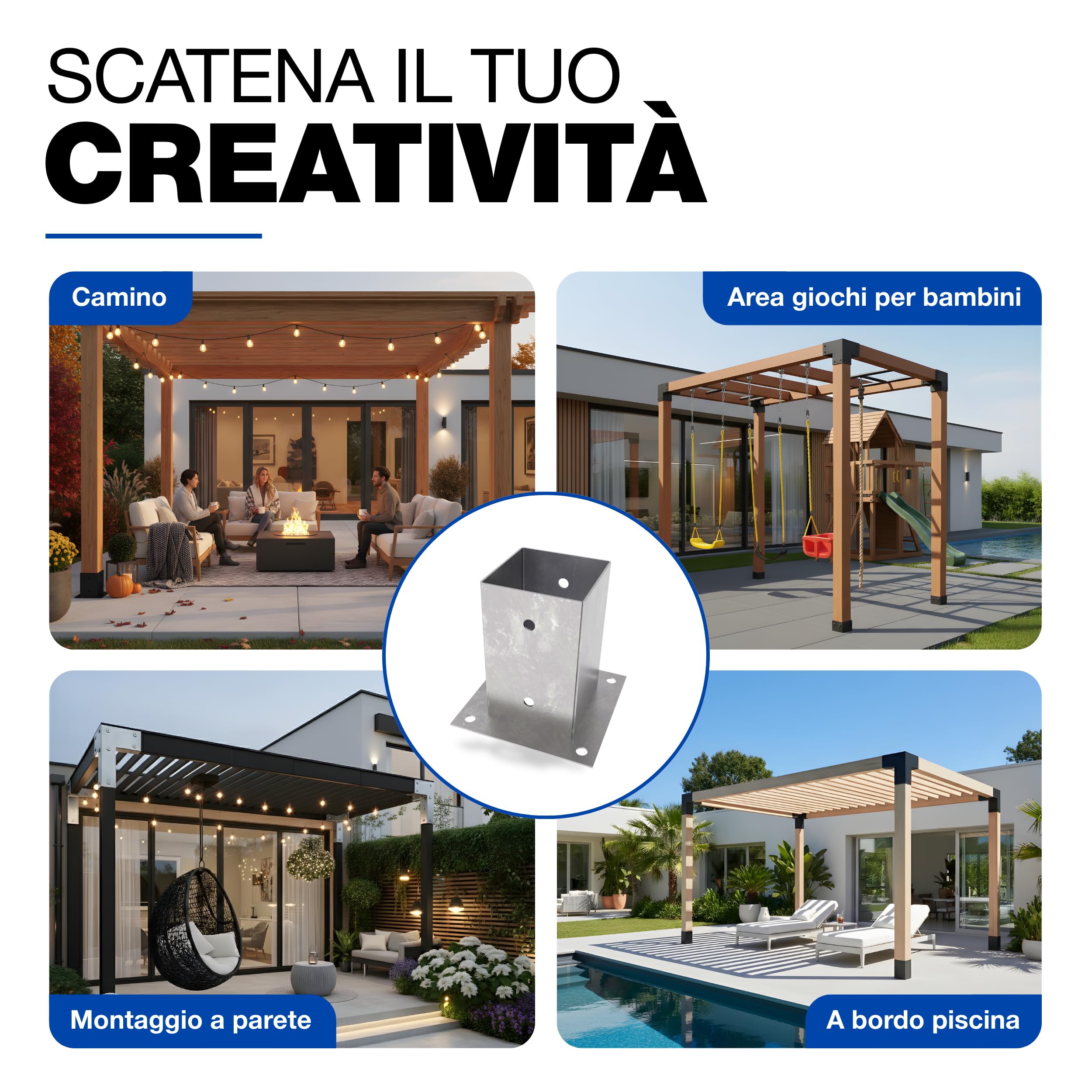 GeZu Impex Base per Palo in Legno 91 x 91 mm Zincata a Caldo Set di 12 Staffe per Supporto Recinzione Supporto per Deck Base per Palo da Pergola con Fissaggio a Bullone