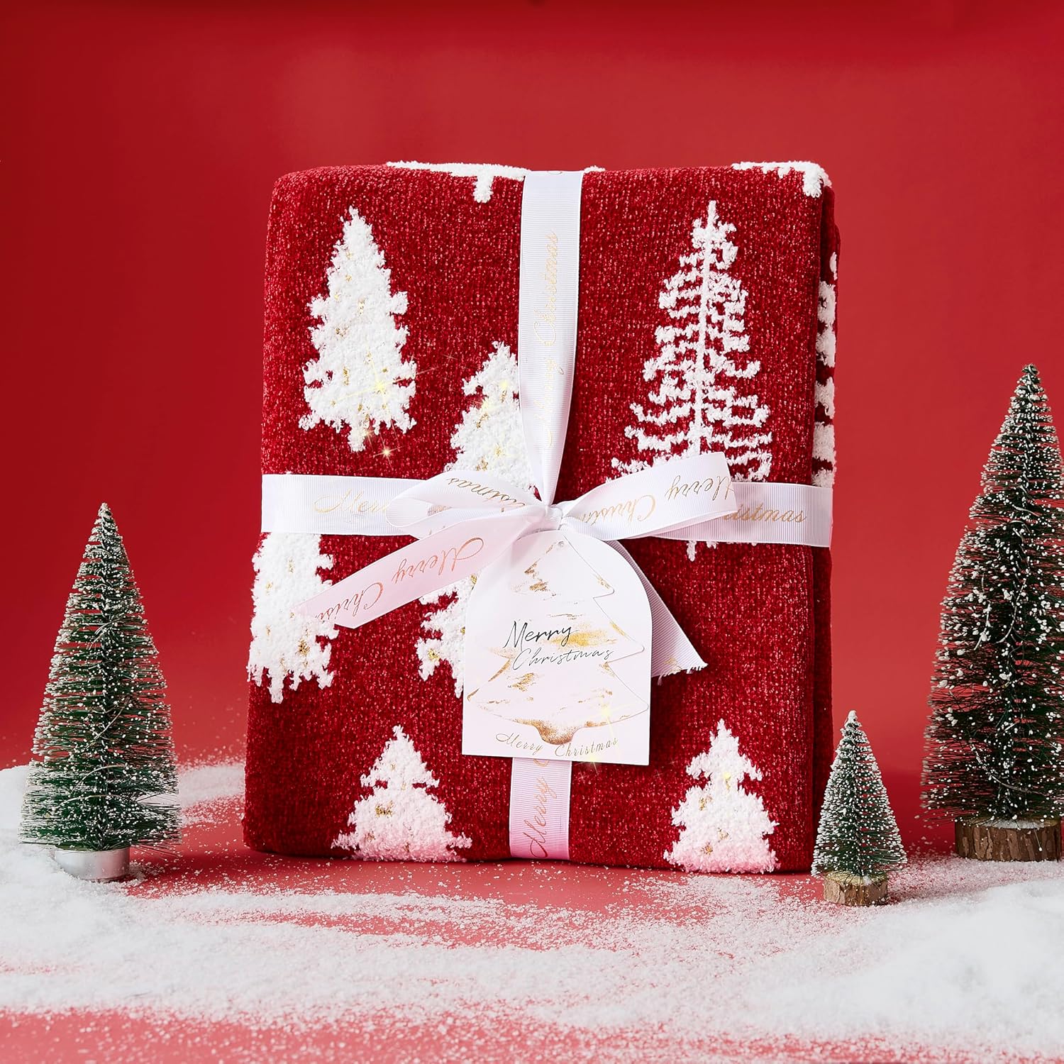 WDCOZY Christmas Throw Blanket Christmas Tree Reversible Super Soft Knitted Couch Bed Sofa Microfiber Chenille Luxurious Home Decor Warm Cozy Comfy Lightweight Holiday Blanket Winter 50x60 Red - Image 3