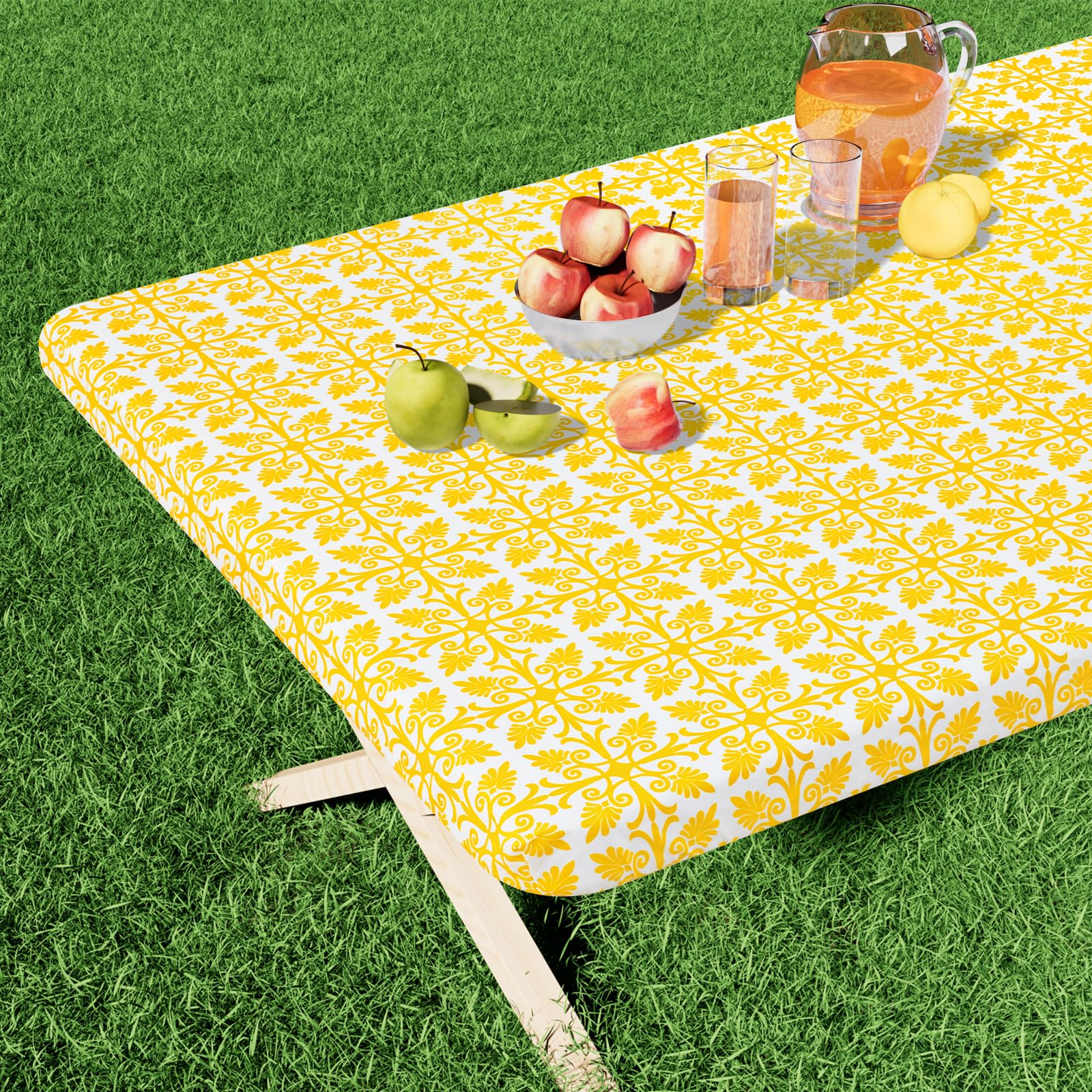 misaya Rectangle Vinyl Table Cloth, Elastic Fitted Flannel Backed Tablecloth, 100% Waterproof Plastic Table Cover Fits 6 Foot Folding Tables for Picnic, Camping, Outdoor (Yellow, 30" x 72") — image 1