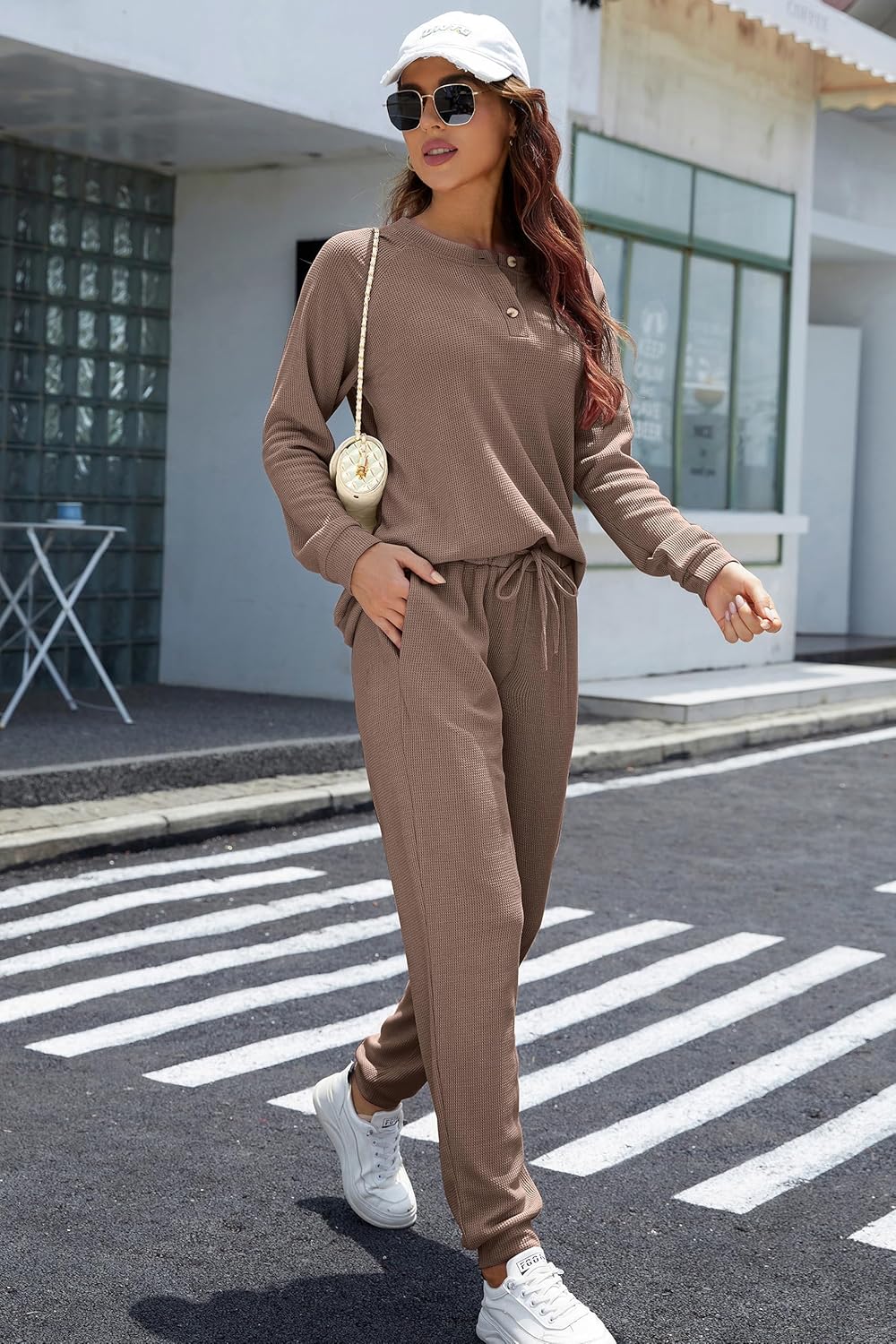 Andeip Womens Pajama Set Waffle Knit Lounge Set 2 Piece Long Sleeve Top and Pants Loungewear Pj Sets