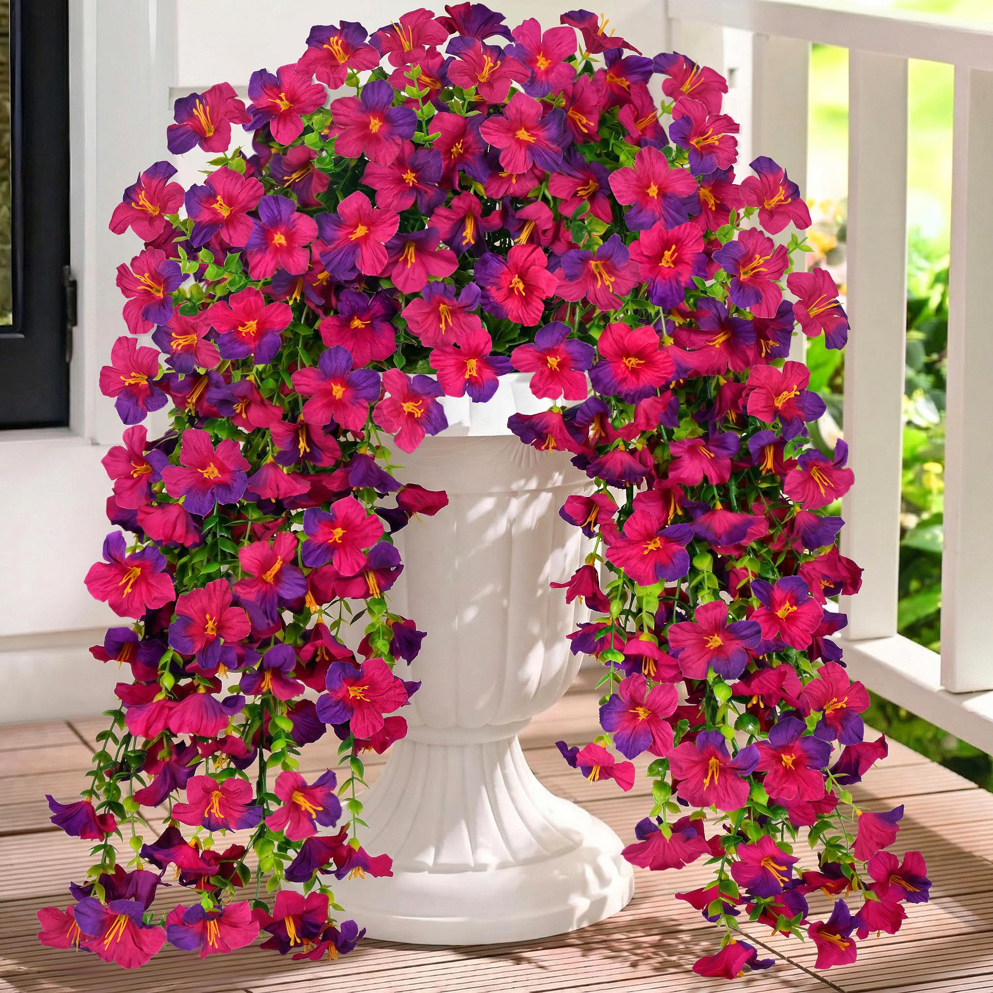 4PCS Artificial Hanging Flowers Outdoor UV-Resistant Fake Hanging Plants Flower Bouquet Artificial Morning Glory with Eucalyptus Hanging Drooping Plants for Wall Home Garden Yard Decor (Red) — image 1