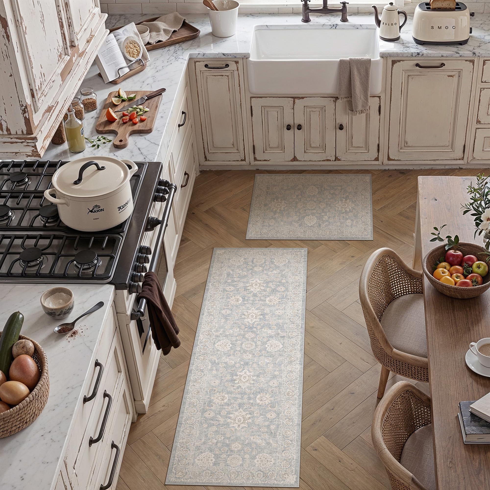 2 Piece Blue Cream Neutral Floral Kitchen Rug Set