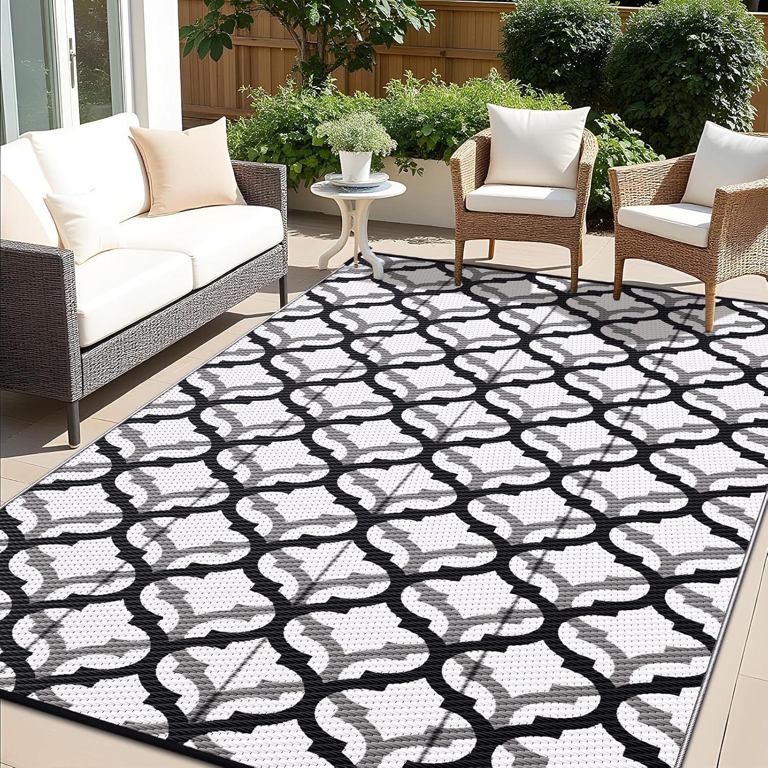 OLANLY Reversible Outdoor Rug 6x9 ft Clearance, Waterproof Outdoor Plastic Straw Rug with Interlacing Pattern, RV Mat for Patio, Camping, Balcony, Deck, Backyard, Black & White Black & White 6' x 9' (Rectangular)