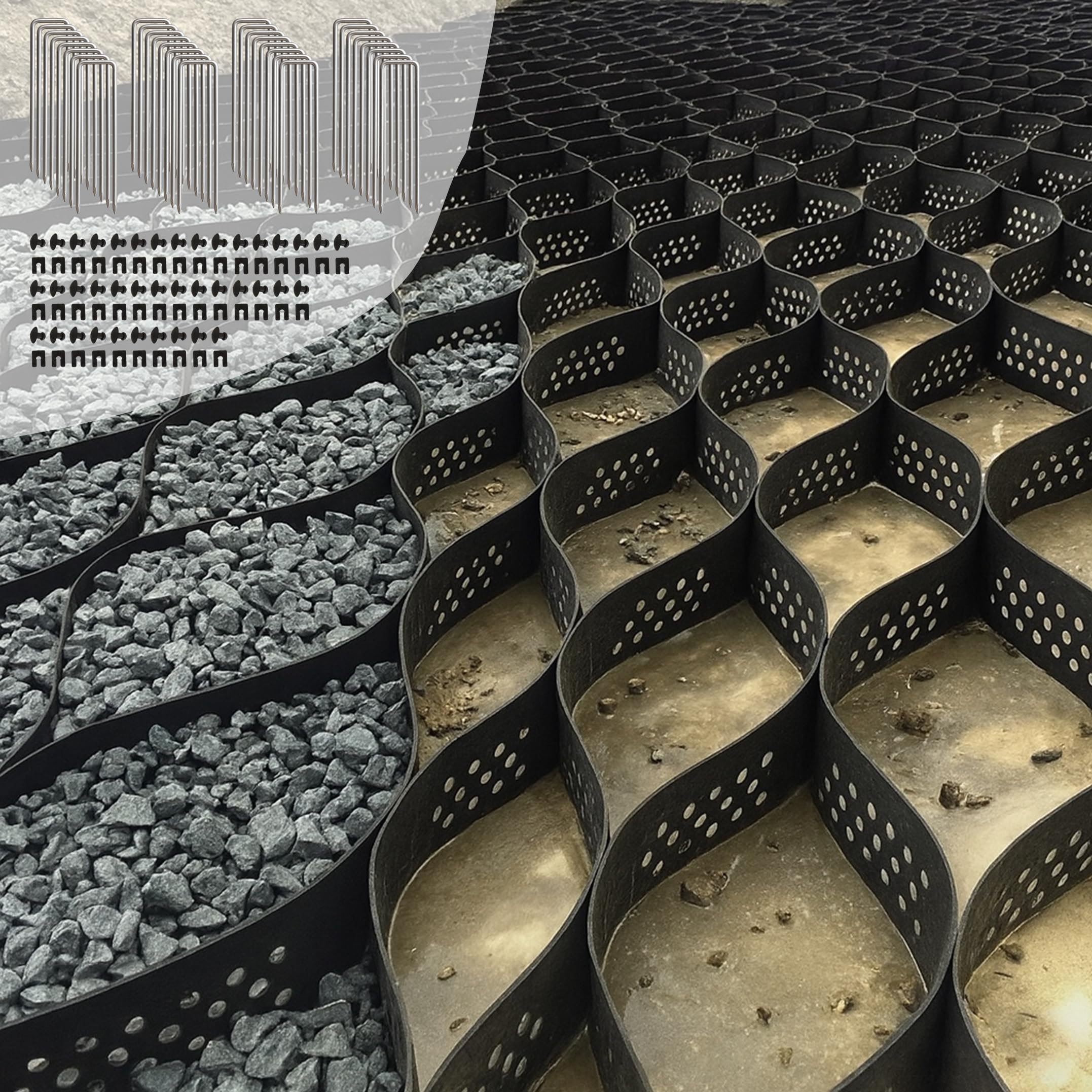 40FT Gravel Grid for Driveway –HDPE Geocell Ground Stabilizer, 1990 lbs/sq ft Load for Parking Pad, Sloped Yard & Paths – DIY Installation with 32 Stakes&40 Fasteners, Proper Base Preparation Required Black 4 × 40FT