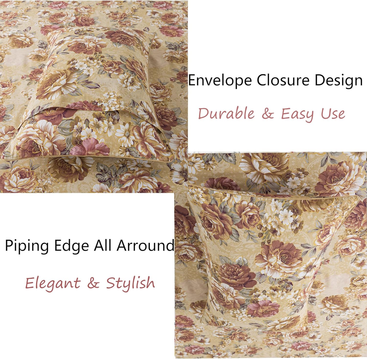 FADFAY Sheets Set King Tan Peony Floral Bed Sheet Set Vintage Farmhouse Bedding 100% Cotton Ultra Soft Breathable Bedding with Deep Pocket Fitted Sheet 4Pcs, King Size - Image 6