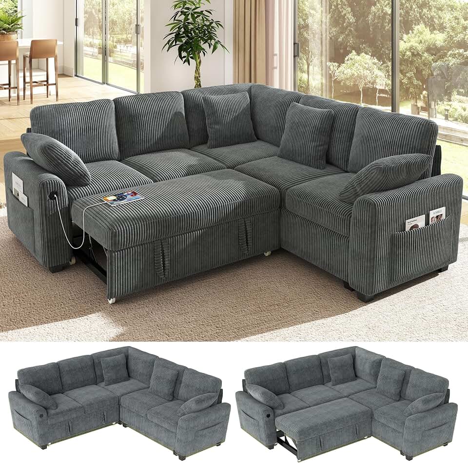 Ihanherry 83-inch 5-Seater Large Sectional Sofa Bed with Storage, Corduroy Reversible Modular Sleeper Sofa with USB Port & 4 Pillows, Convertible L-Shaped Couch for Living Room（Gray） Global Recycled Standard
