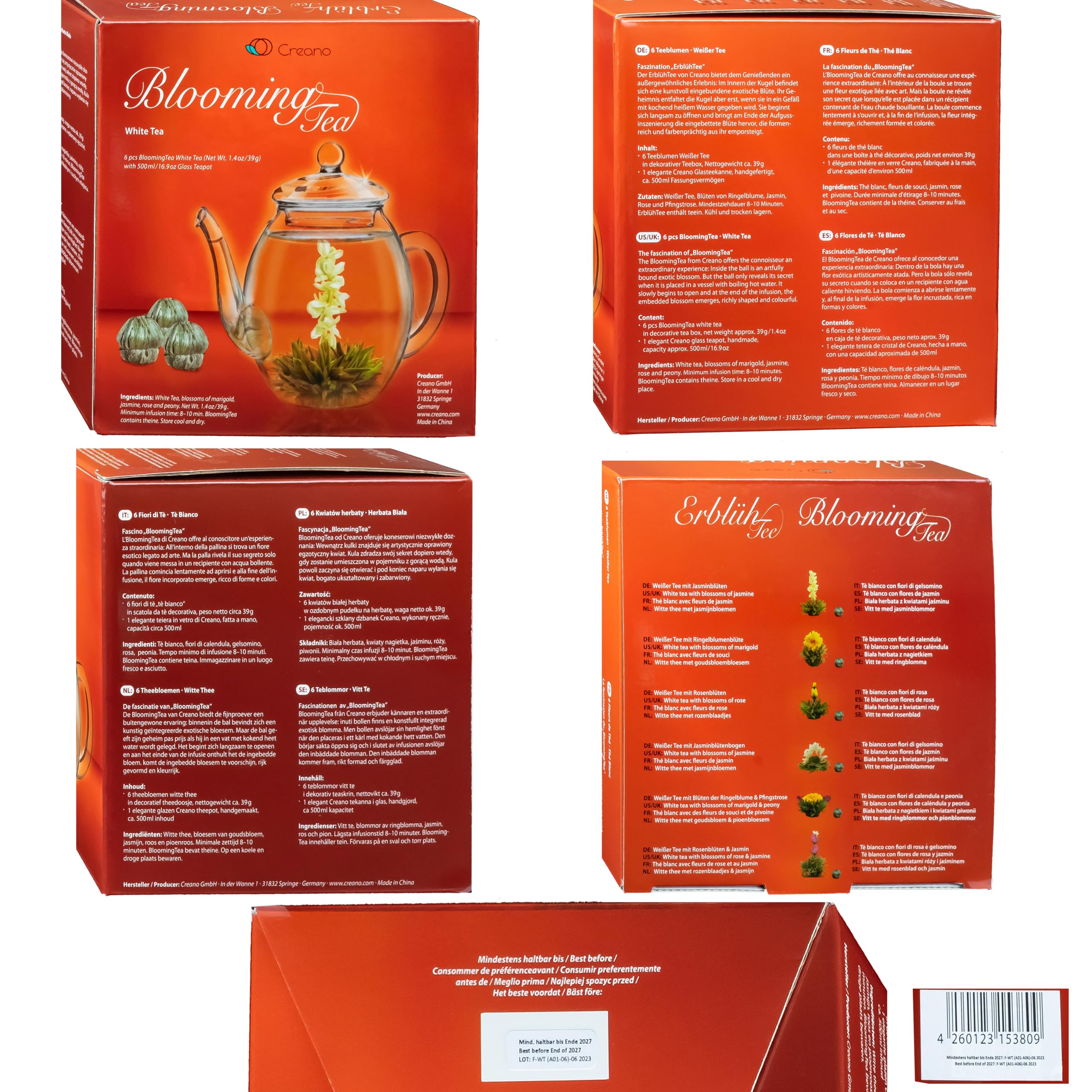 Creano Geschenkset Erblühtee Teeblumen Mix in Holzschachtel in Herzform - 6 Sorten Weißer Tee inkl. Glas Teekanne 500ml, Geschenk für Frauen, Mutter, Teeliebhaber