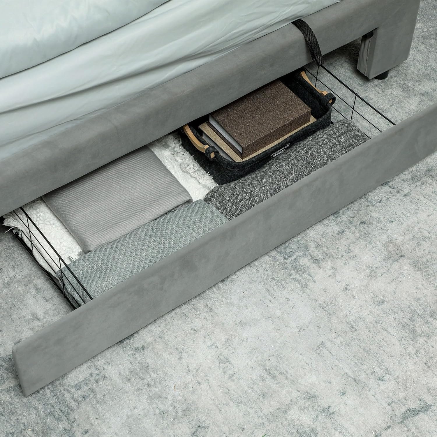 Wheeled storage drawer with contents