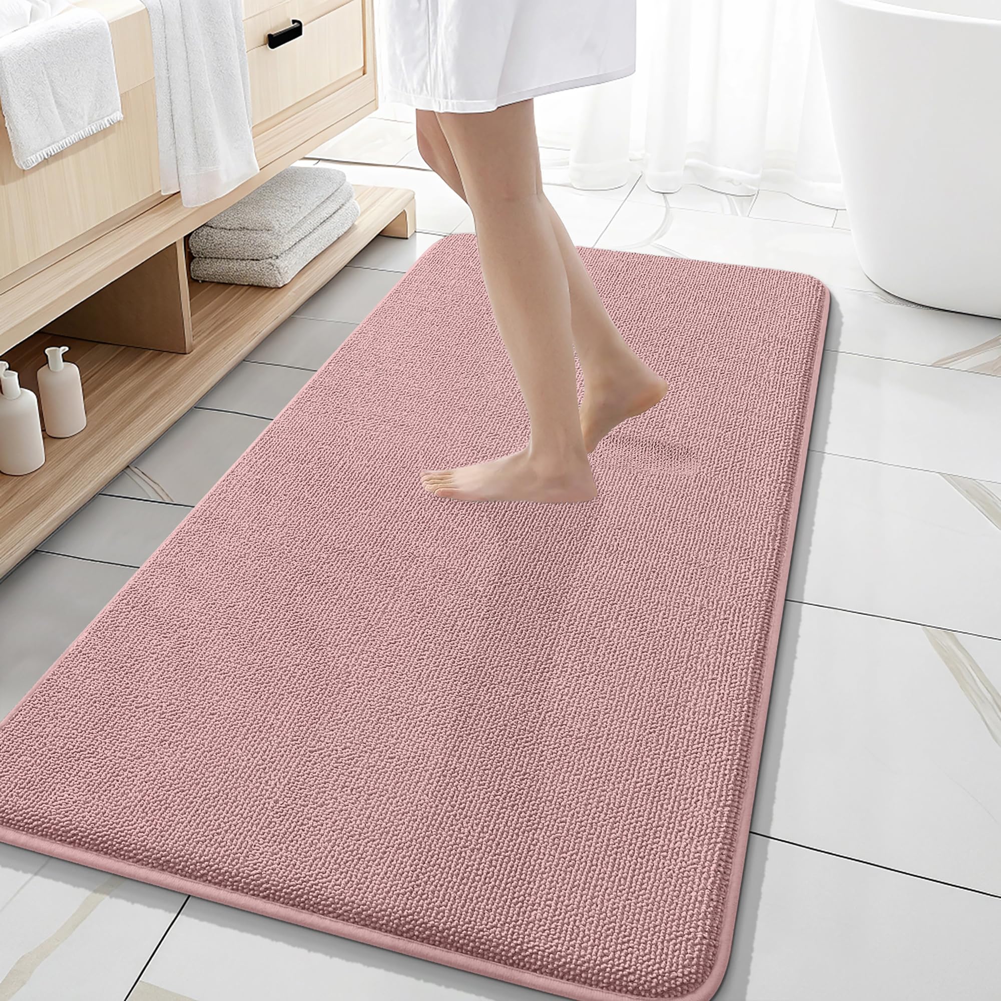 OLANLY Memory Foam Bathroom Runner Rugs 47x20, Long Bath Mats, Dusty Rose