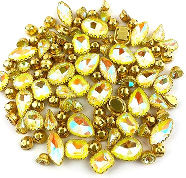 Heyiwell 100PC Mix Shapes Sew On Crystal Rhinestone Flatback Gold Claw Setting Crystal Gems for Clothes,Shoes,Dress,Jewelry Making DIY Crafts 6.515mm,Yellow AB
