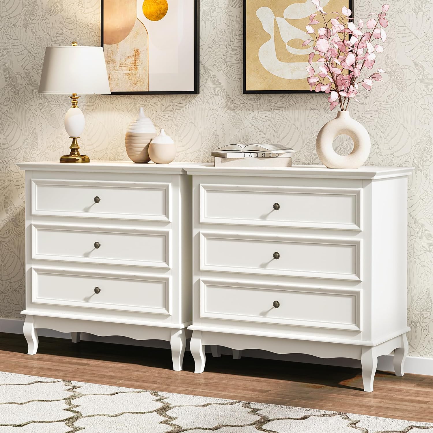RoyalCraft 32" Wide Nightstand Set of 2 for Bedroom, White Nightstand with 3 Drawer, Modern End Table, Wood Beside Table for Home and Office