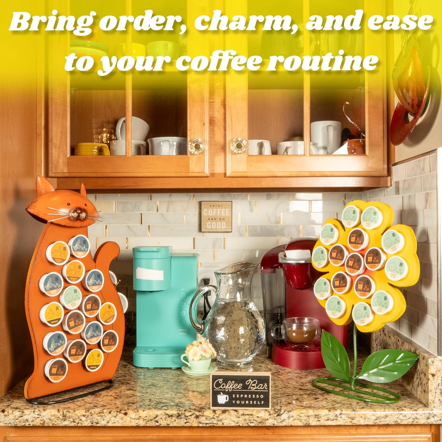 Made Easy Kit Front Facing Countertop Coffee Pods Holder - Compatible with K-Cups Practical meets Whimsical - Coffee Bar Decor for Home Café Kitchen Nook (Yellow Sunflower)