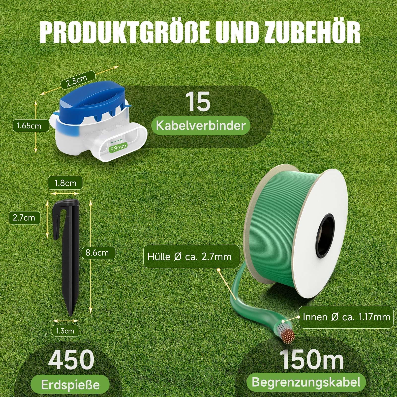 Garvee Cable Perimetral para Robot Cortacésped Kit de 150m con 450 Piquetas y 15 Conectores, Hilo Delimitador de Cobre y Plástico de Alta Conductividad Compatible con Modelos Principales, Negro Verde