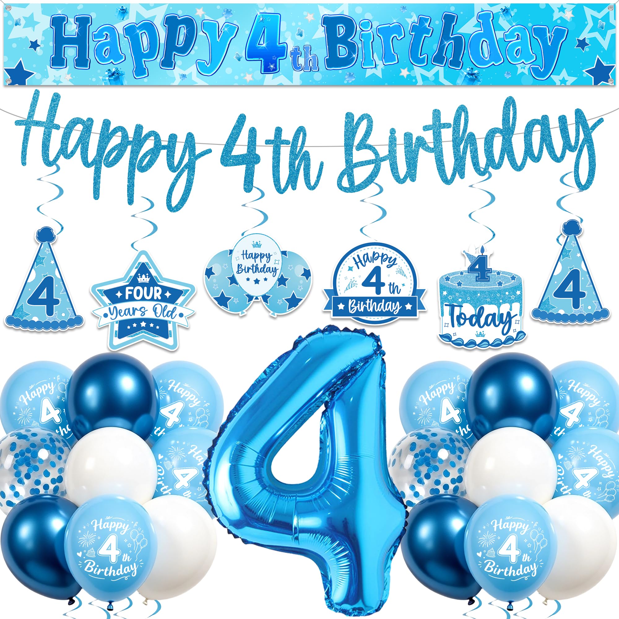 4th Birthday Decorations for Boys, Blue 4 Years Old Party Supplies