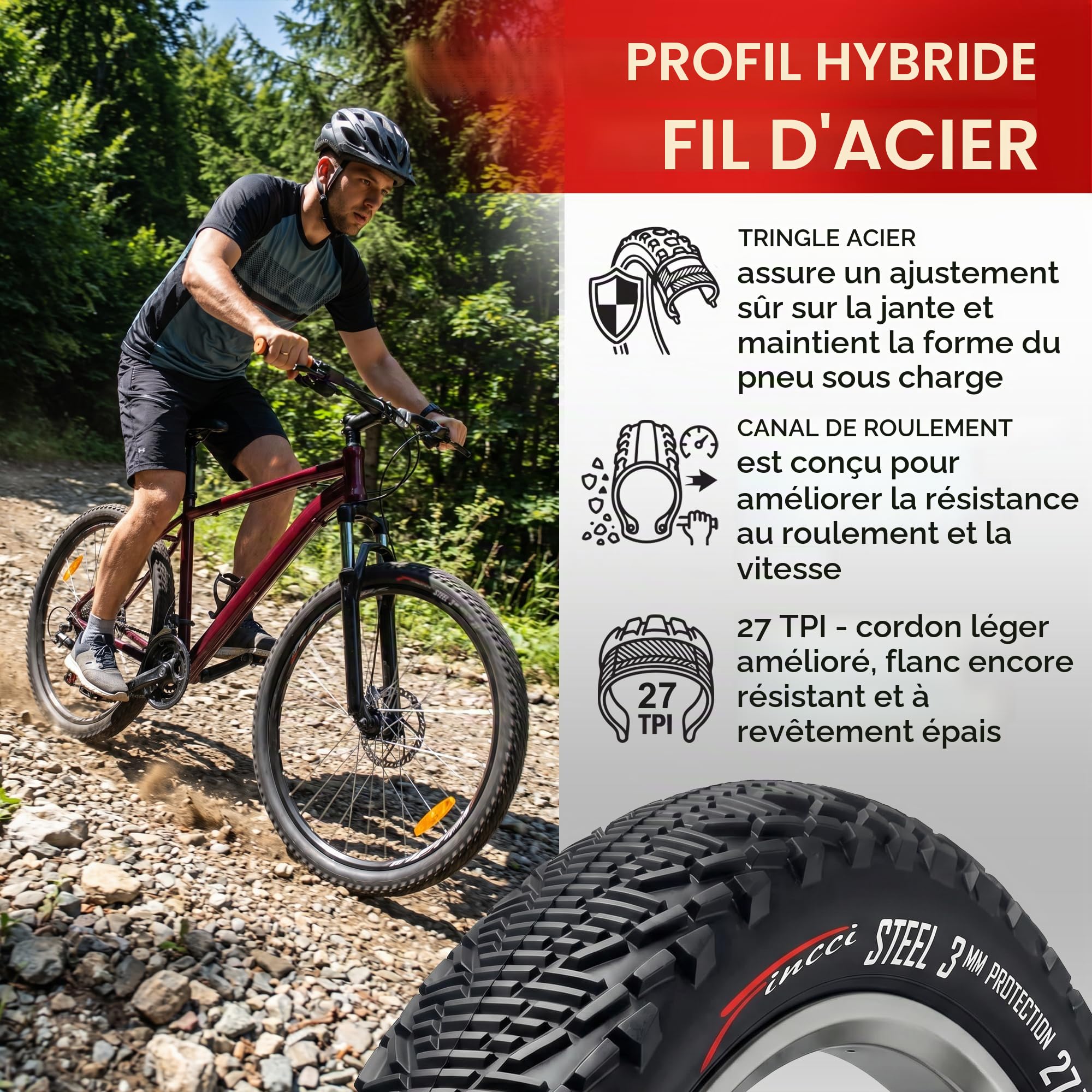 Fincci Pneu VTT 26x1.95 53-559 Pliable avec Protection Anti-Crevaison 3mm | Pneus VTT 26 Pouces avec 27 TPI et Pression 50 PSI pour une Protection Anti-Crevaison 3mm - Lot de 2