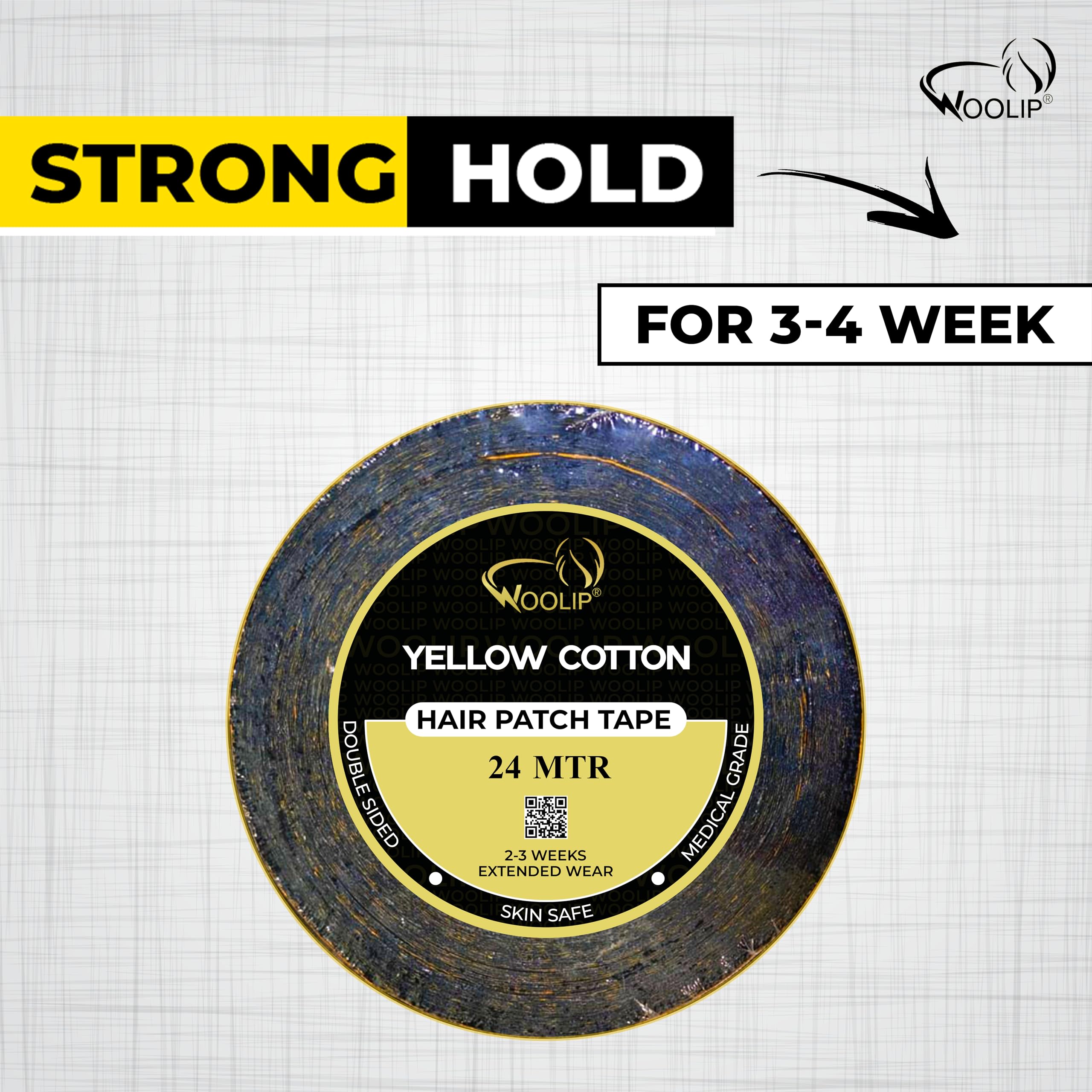 Woolip Yellow Black Tape 24m Hair Patch For Super Ultra Hold Up To 2–3 Weeks Waterproof | Wig Tape 1 Inch Cotton Material | For Men & Women | Double Sided Hair Patch Tape Yellow Black 1