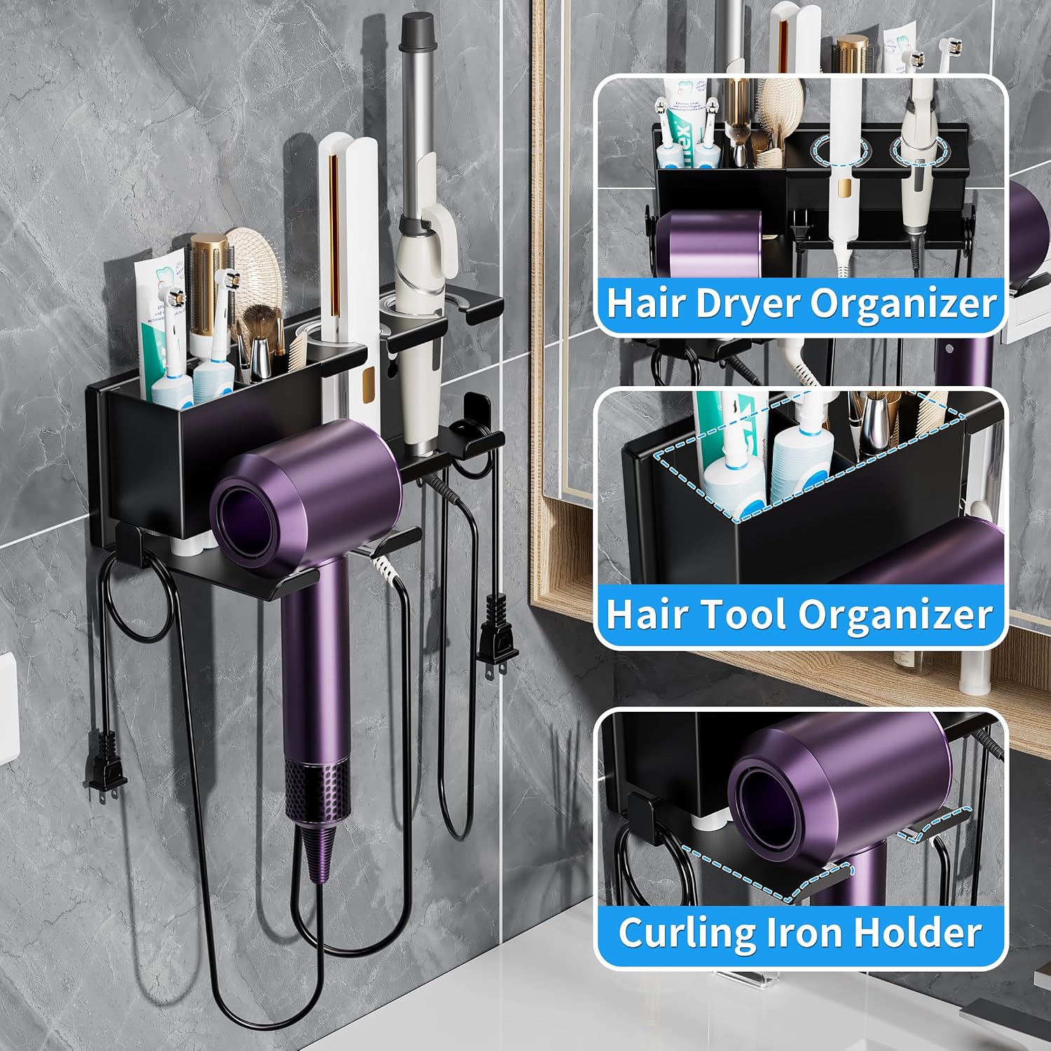 BOIVSHI Hair Dryer Holder Wall Mounted, Metal Hair Tools Organizer, Hair Dryer Holder for Blow Dryer, Curling Iron, Straightener, Bathroom Hair Accessories Tools Organizer, Black