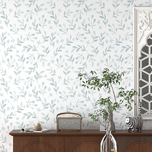 Papel tapiz de hojas bohemias para despegar y pegar, 17.3 x 78.7 pulgadas, hojas verdes y blancas, papel tapiz autoadhesivo para baño, papel tapiz