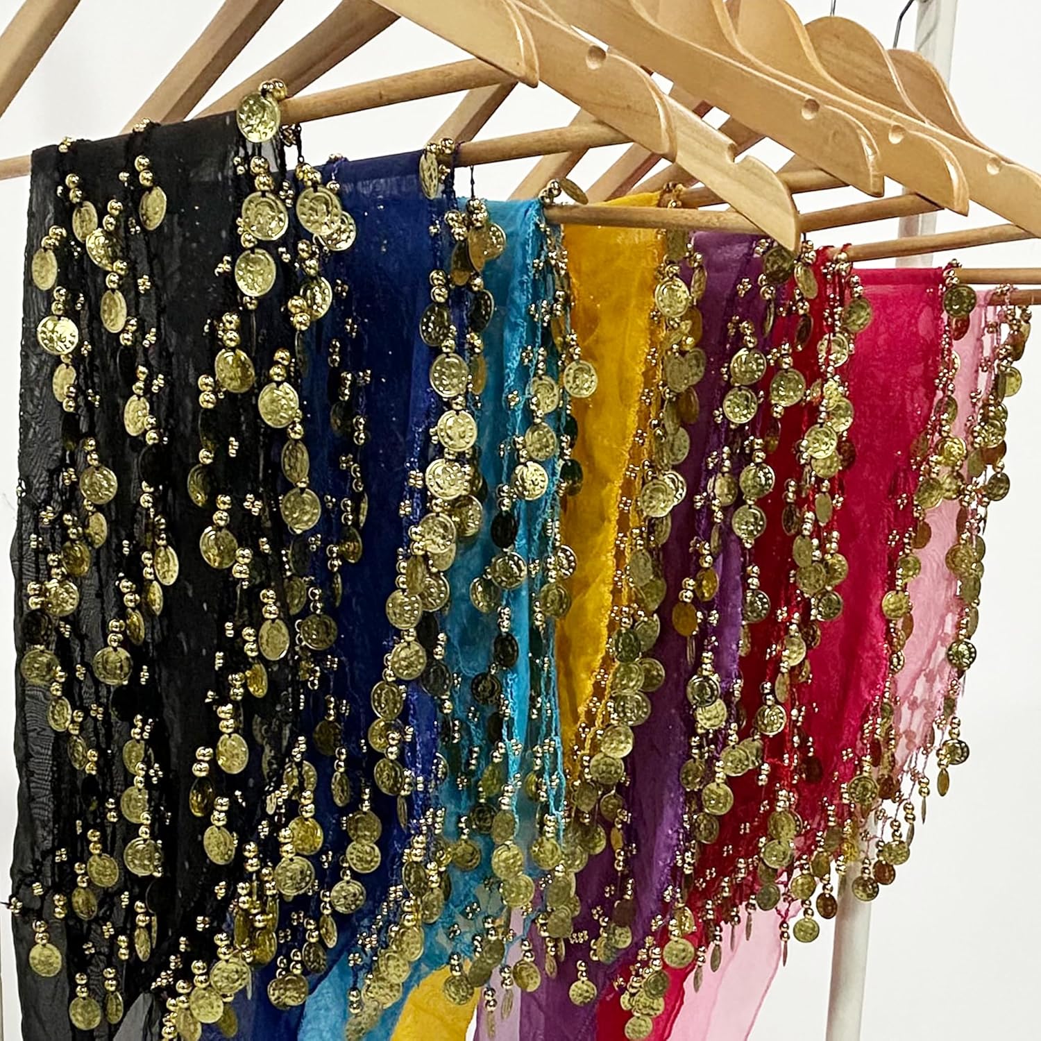 8Pcs Belly Dance Hip Scarf For Women 128 Gold Coins Belly Dancing Skirt Wrap Set Bling Sequins Performance Costume Beaded Belt Outfits Accessories Waist Chains