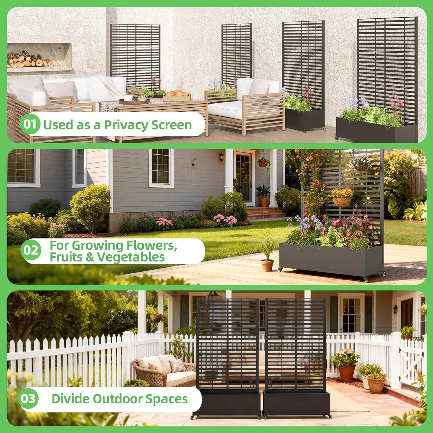 Metal Planter Box with Trellis, 73"x 47"x 16" Raised Garden Bed with Wheels and Drainage Holes, Planter with Trellis for Garden, Balcony and Patio, Black